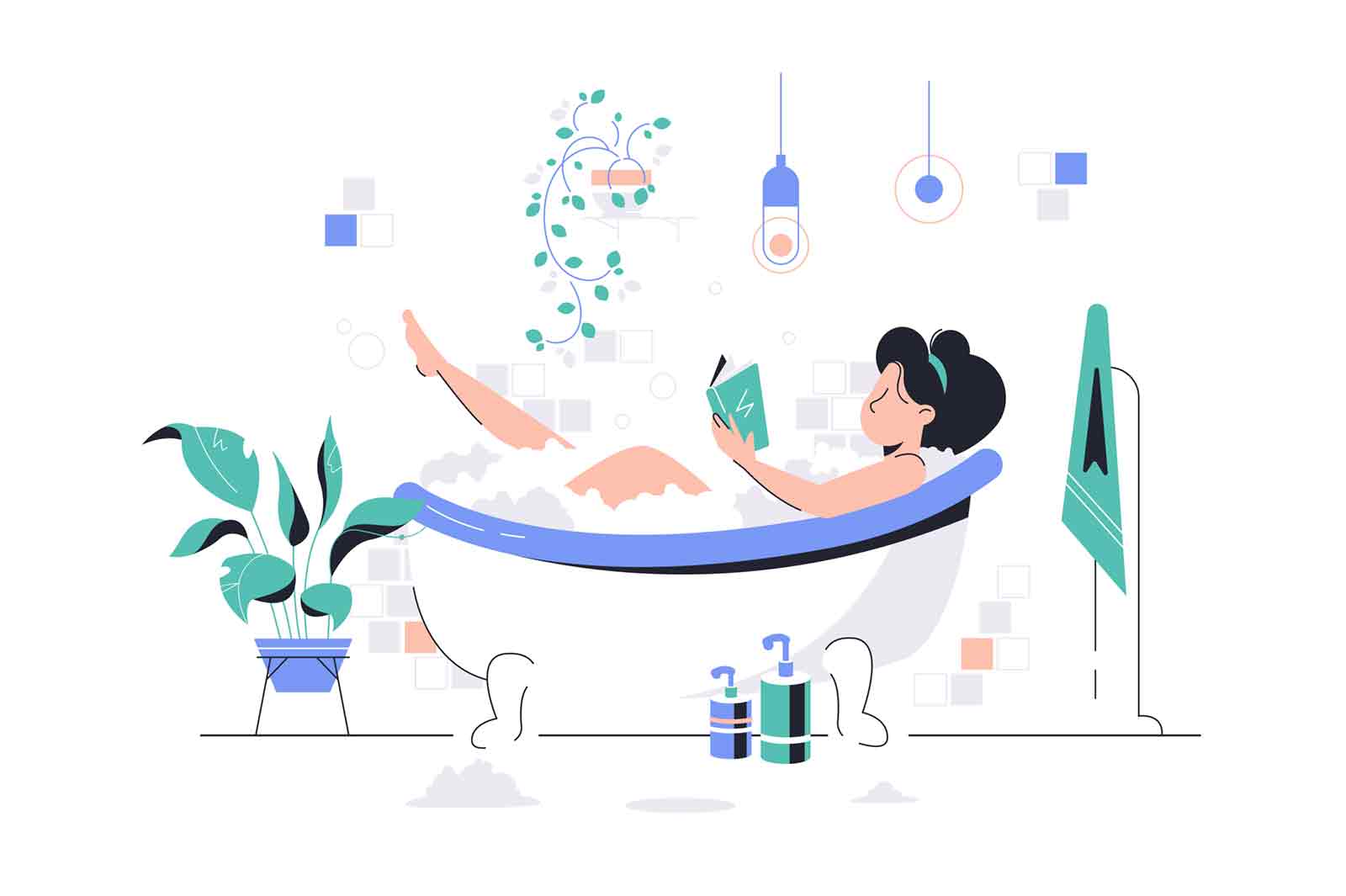 Girl relaxing in foam bath with book vector illustration. Rest after hard day flat style. Bathroom towel soap shower gel and shampoo. Relaxation and leisure concept. Isolated on white background