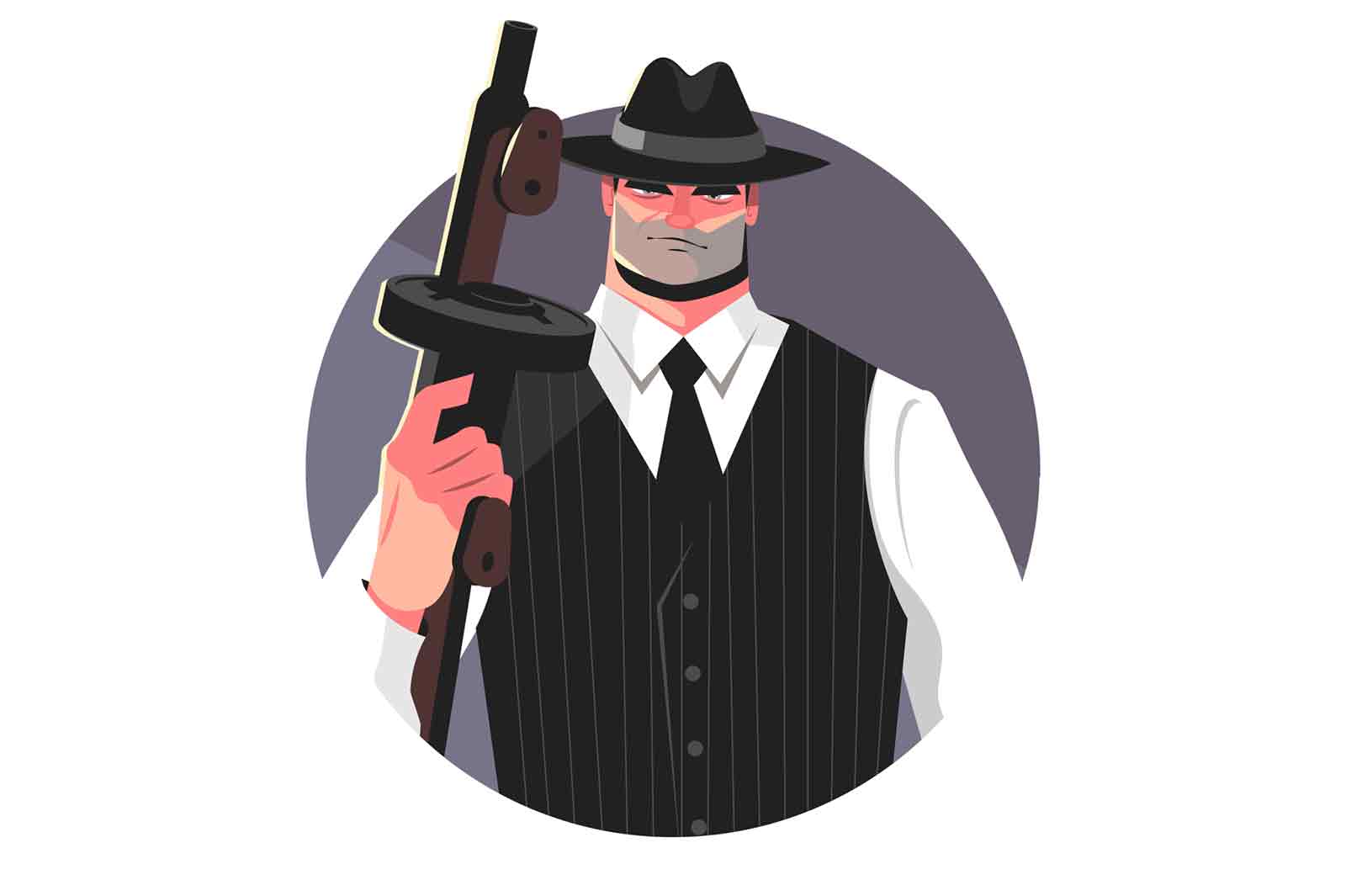 Mafia gangster with machine gun vector illustration. Male gang with handgun. Bearded evil killer with weapon flat style concept. Isolated on white background