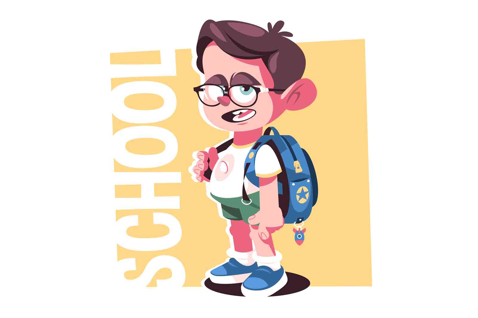 Nerd boy in glasses vector illustration. Nerd kid with school bag flat style concept. Back to school and education idea. Geek schoolboy. Isolated on white