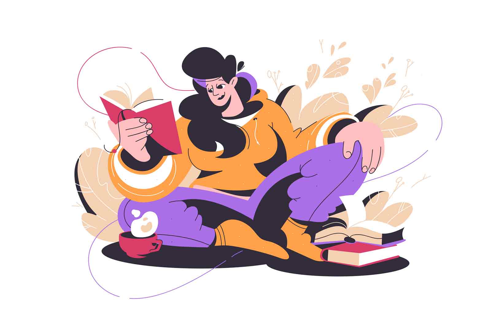 Woman reading interesting story book vector illustration. Woman sitting with fiction story and cup of coffee flat style. Hobby, leisure, education, relaxation concept. Isolated on white background
