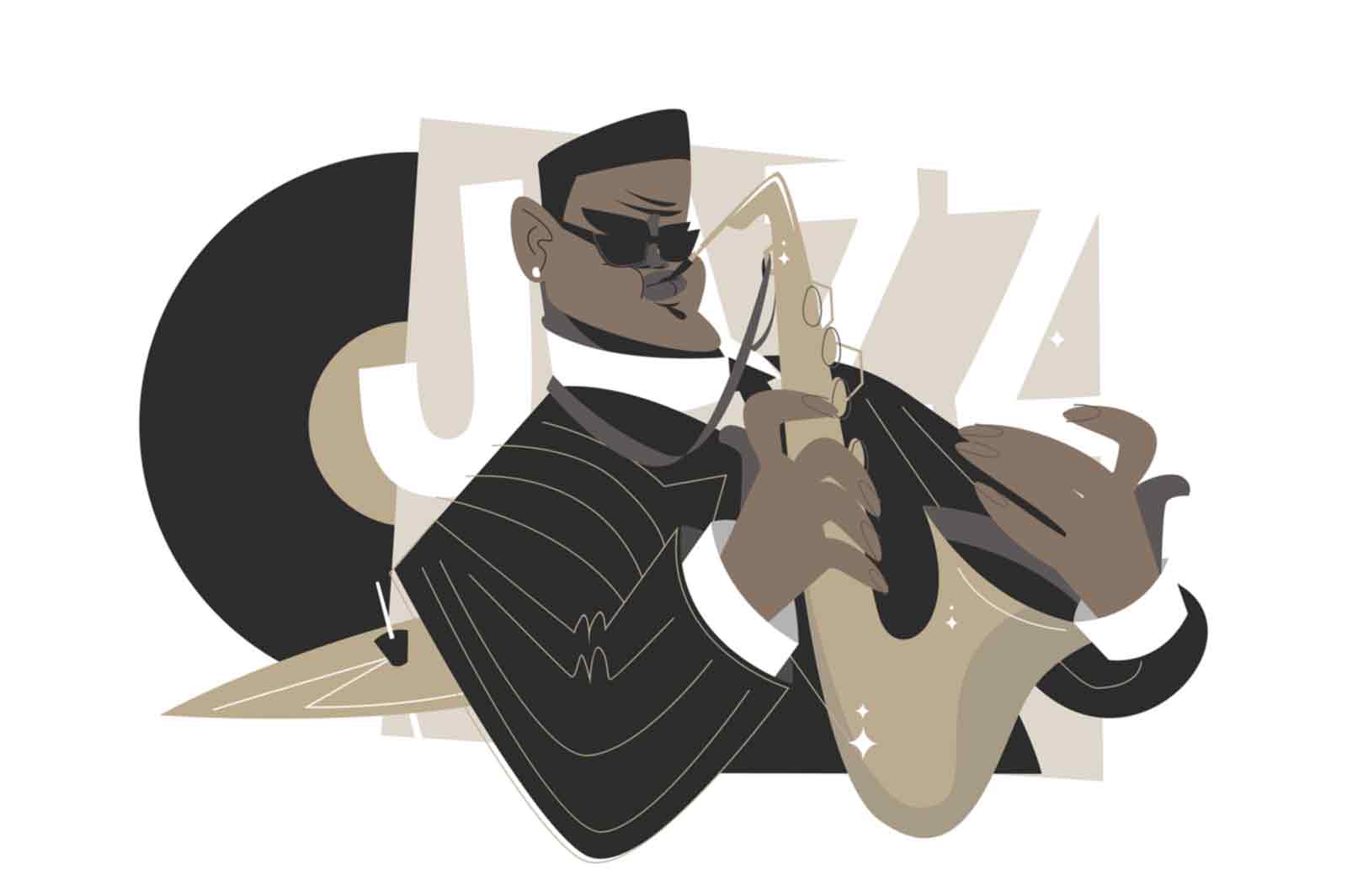 Jazz saxophone man player vector illustration. Classy jazzman in tuxedo playing on saxophone musical instrument flat style. Music, art and blues musician concept. Isolated on white background