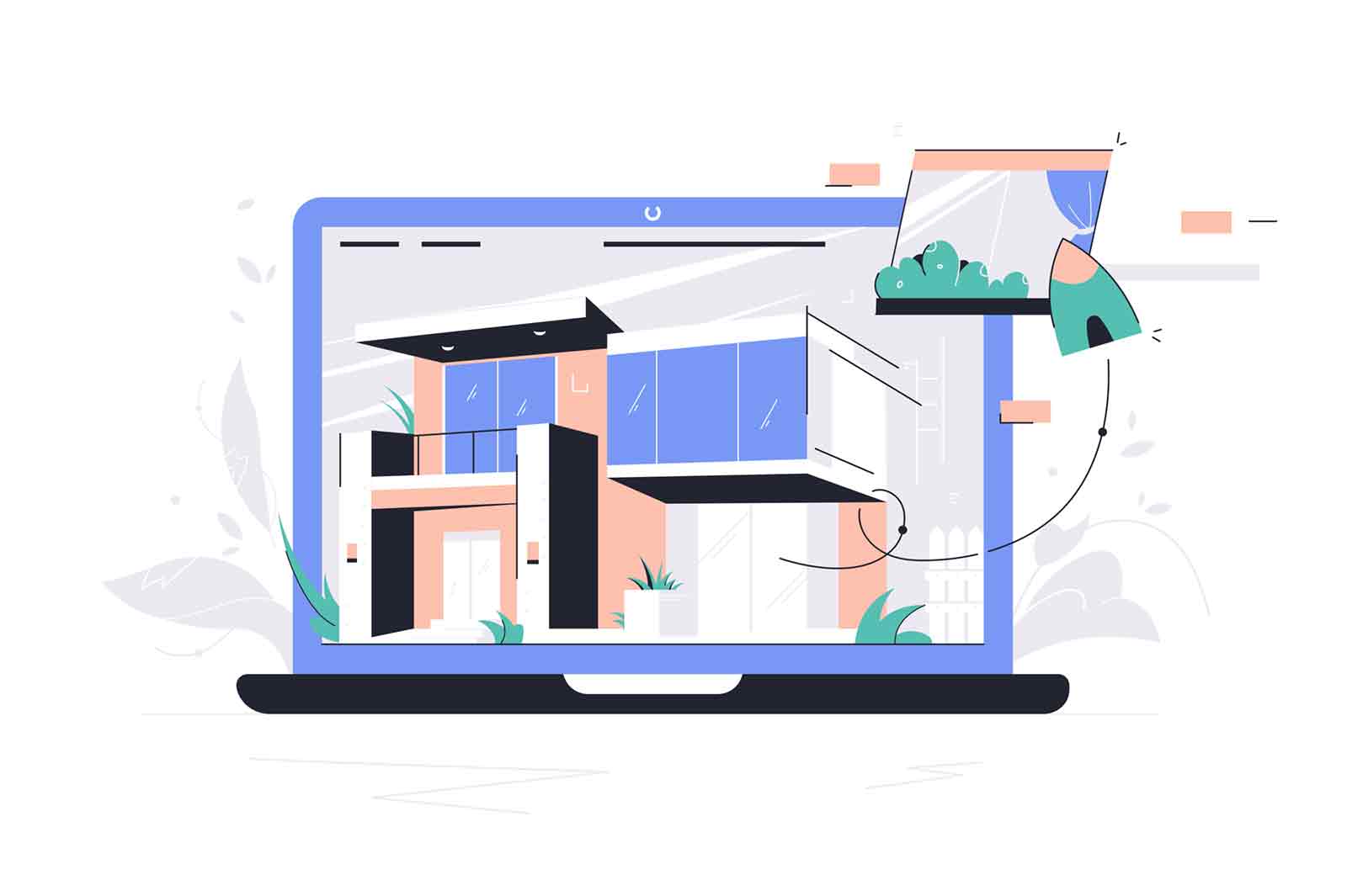 Laptop using selection materials app for house designing. Concept modern technology using for work and drawing of double decker building. Vector illustration.