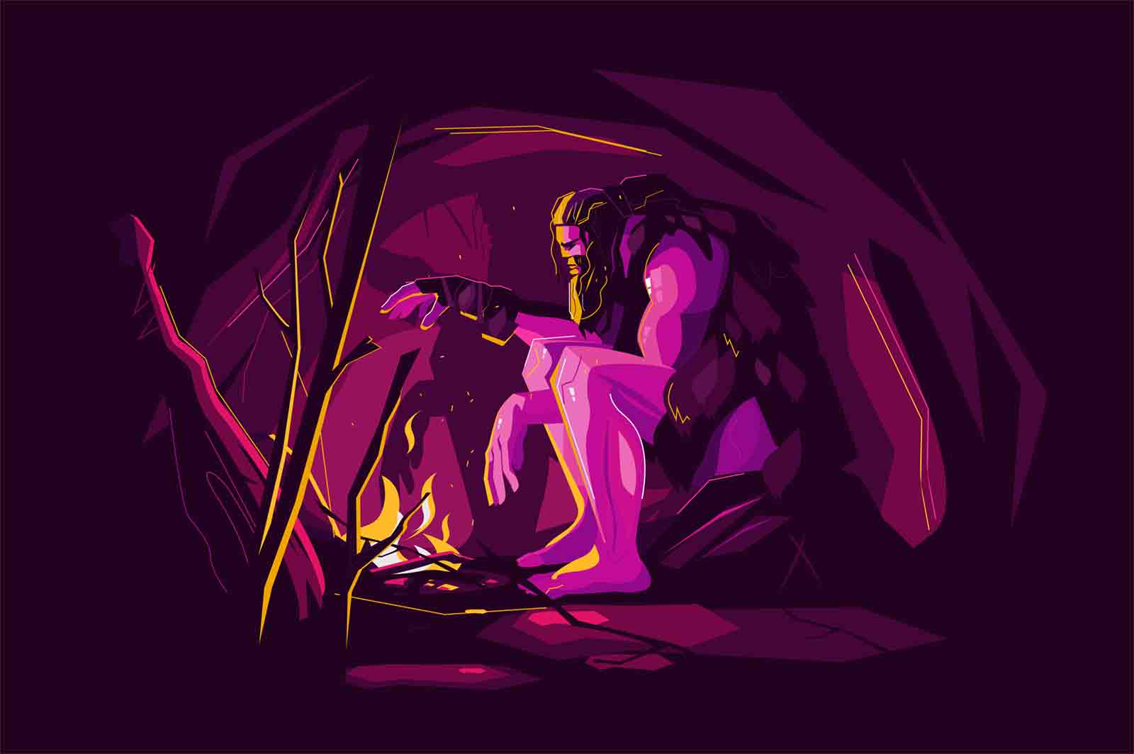 Wild caveman sitting near bonfire vector illustration. Tired and exhausted prehistoric boy relaxing near protective light flat style design. Ancient ages concept