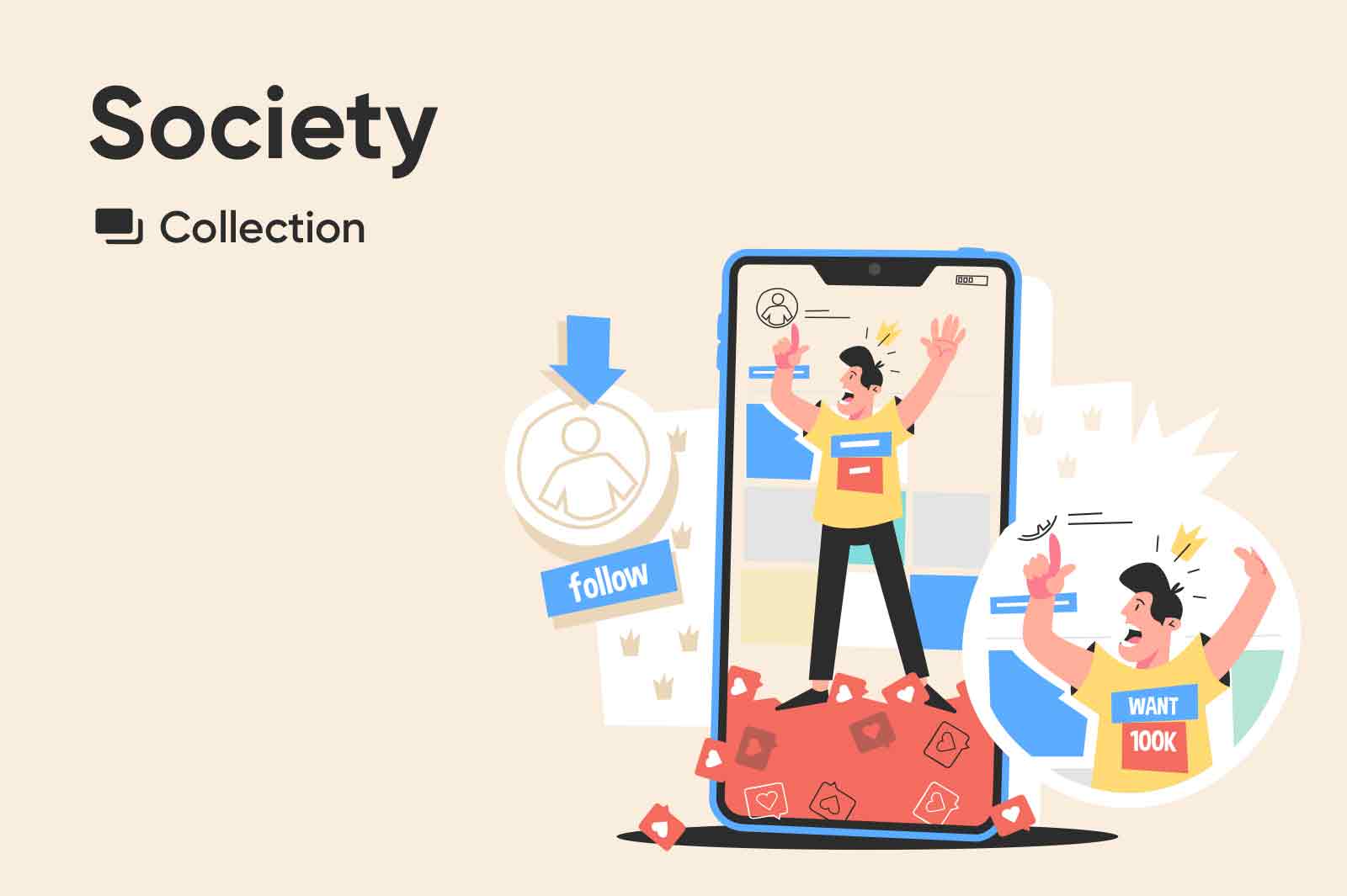 Vector illustrations on social internet life themes.Social network profiles, likes and sharing. Character vector illustrations.