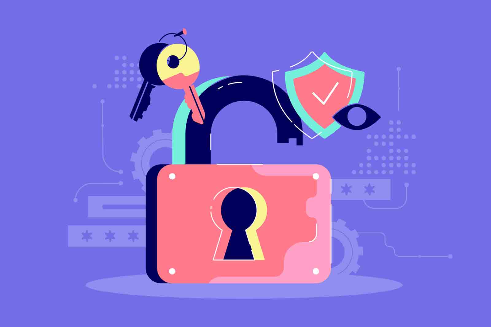 Password security icon of key, protection and open lock. Symbol concept online, internet and web safety in network. Vector illustration.