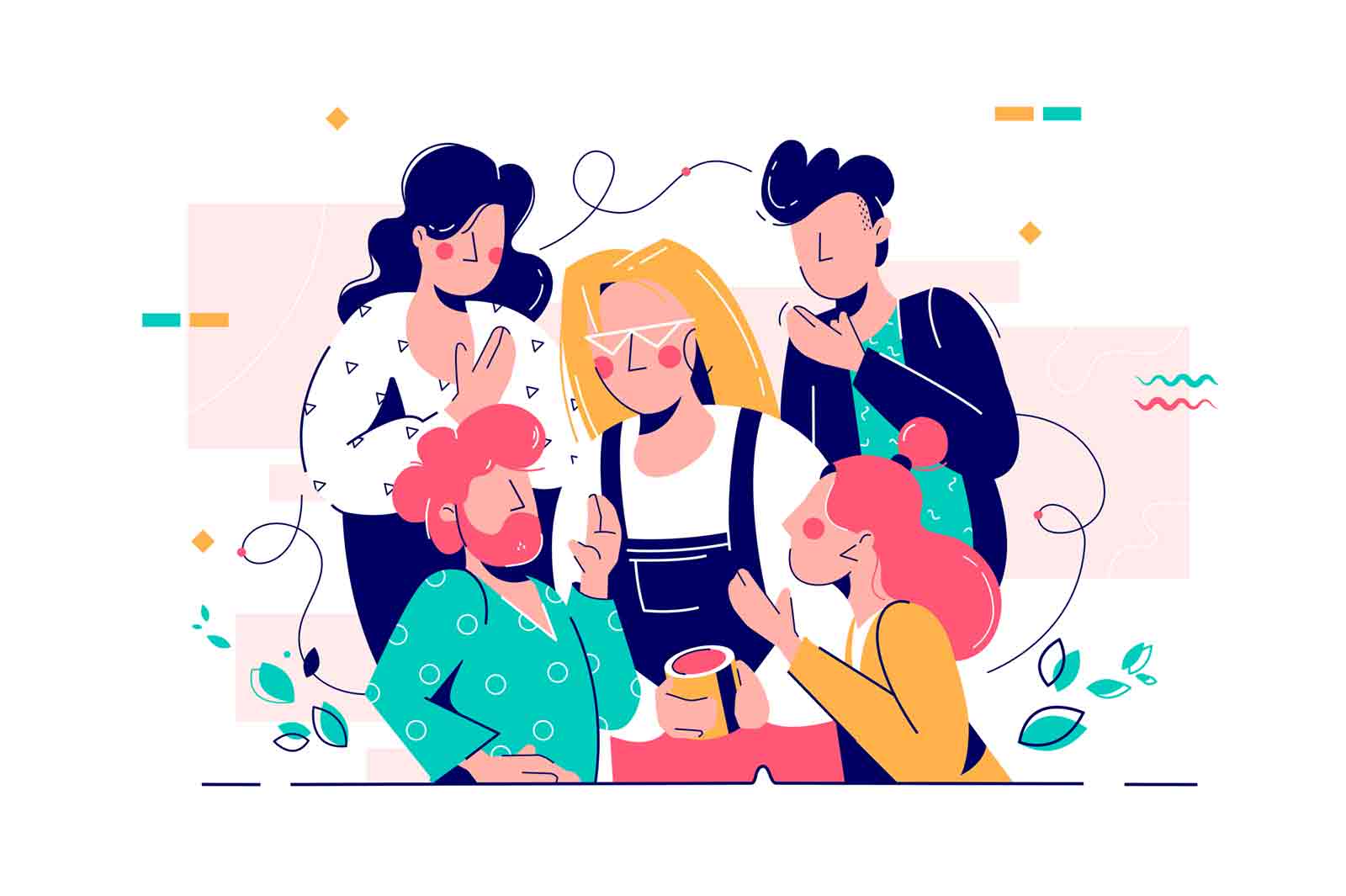 Young attractive woman with cup listening friends advice. Concept illustration.