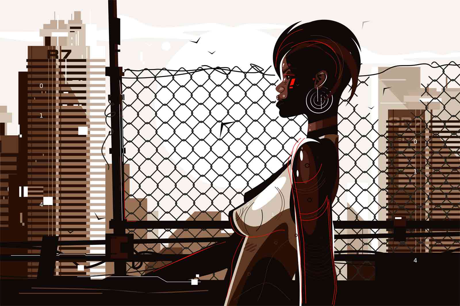 Pretty african american woman vector illustration. Stylish shortcut lady with unusual appearance and perfect slim figure standing outdoors flat style concept. Cityscape background