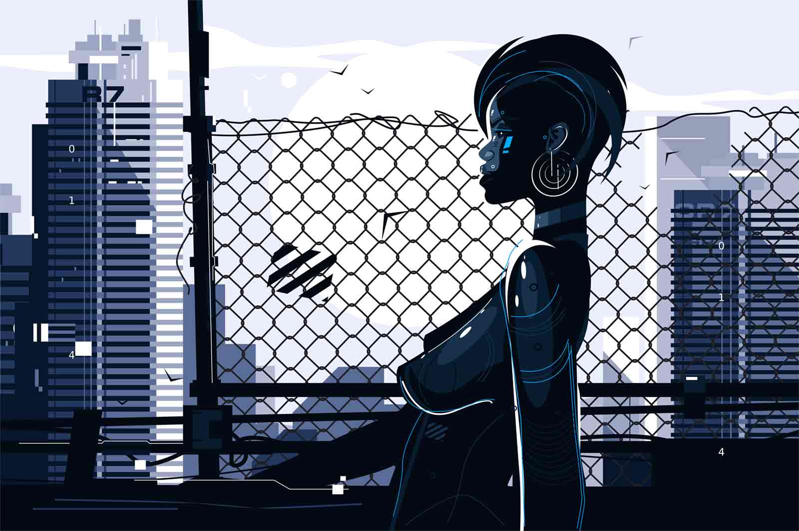 Pretty african american woman vector illustration. Stylish shortcut lady with unusual appearance and perfect slim figure standing outdoors flat style concept. Cityscape background