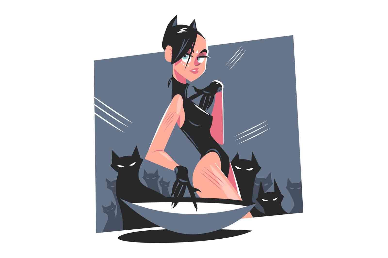 Cat woman in costume vector illustration. Superhero catwoman with black cats flat style. Halloween and movie hero character concept. Isolated on white background