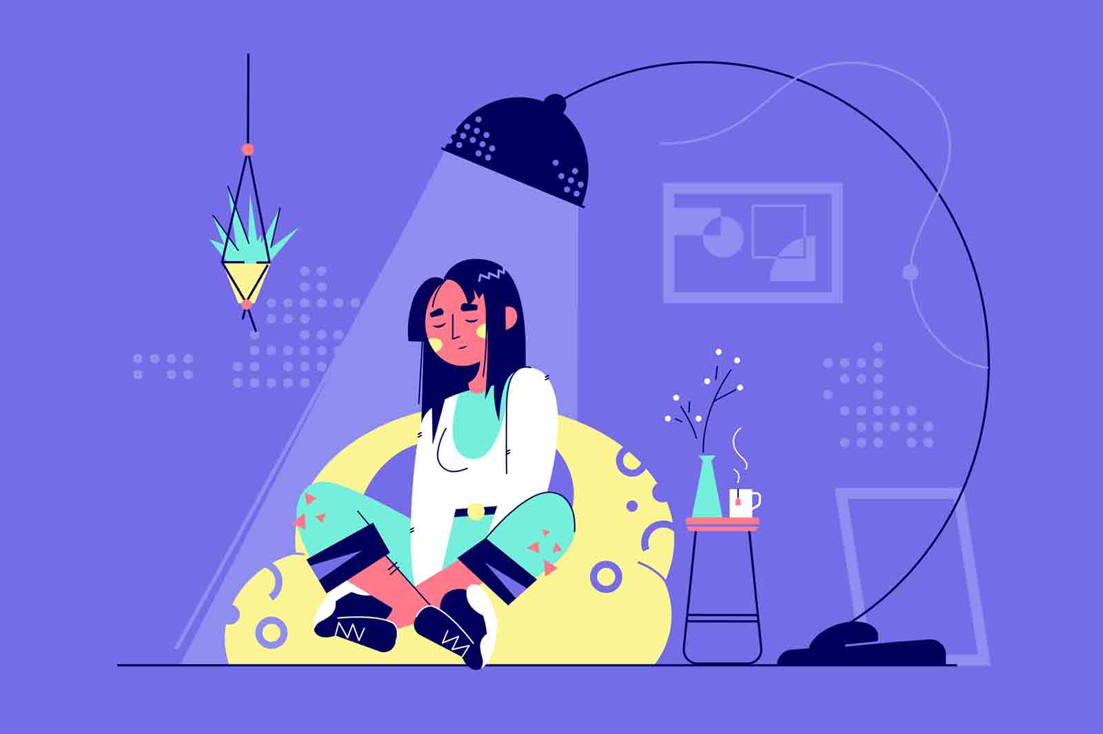 Young relaxing woman character under lamp in living room at home. Concept attraction girl resting sitting in chair with closed eye. Vector illustration.