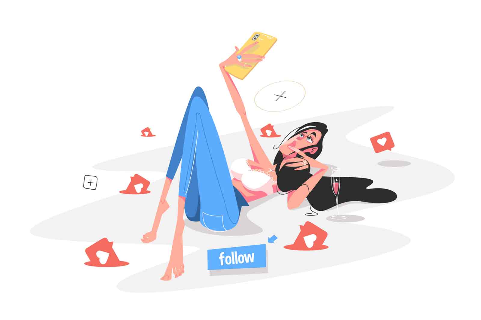 Woman taking selfie to post in social network vector illustration. Woman taking selfie and posting to social media flat style concept. Likes and followers signs. Virtual life idea