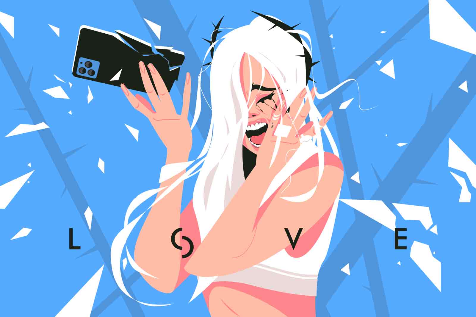 Girl in hysterics crying with broken phone vector illustration. Frustrated blonde girl closes with hands and screaming flat style. Panic, nerves on edge, anxiety concept. Isolated on blue background