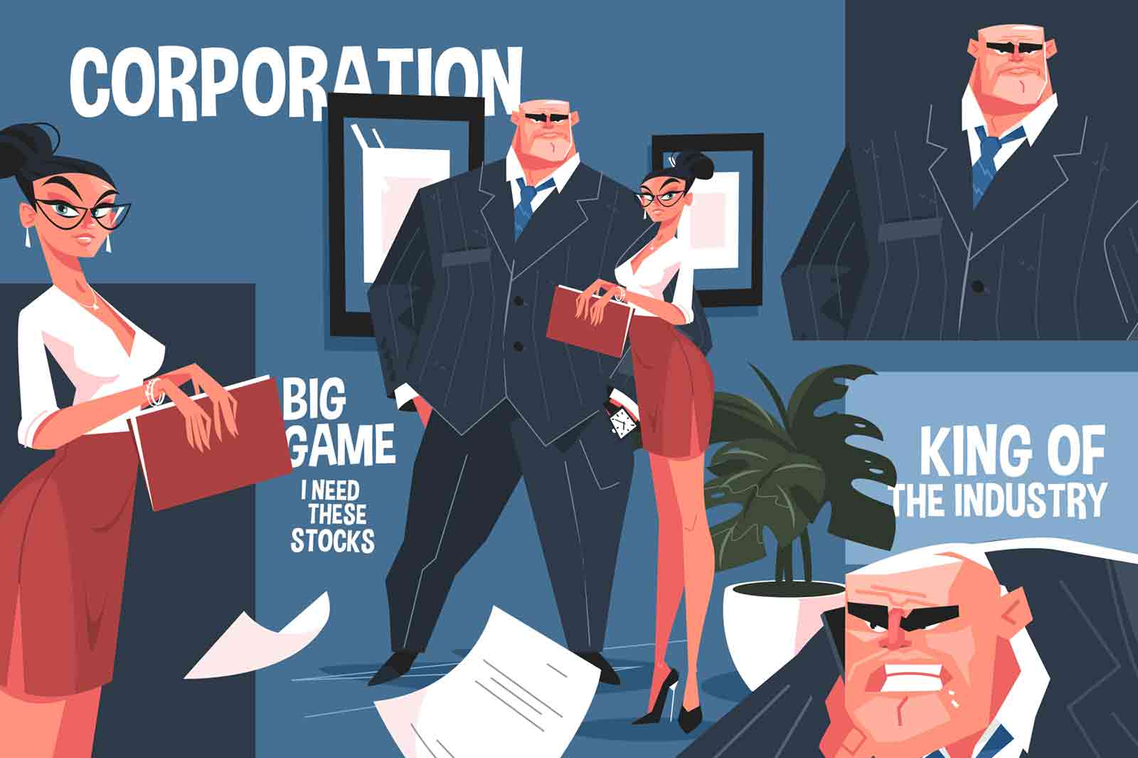 Big corporation boss vector illustration. King of industry. Chief with secretary. Strict and angry man at work in office flat style design. Big game I need this stocks inscription