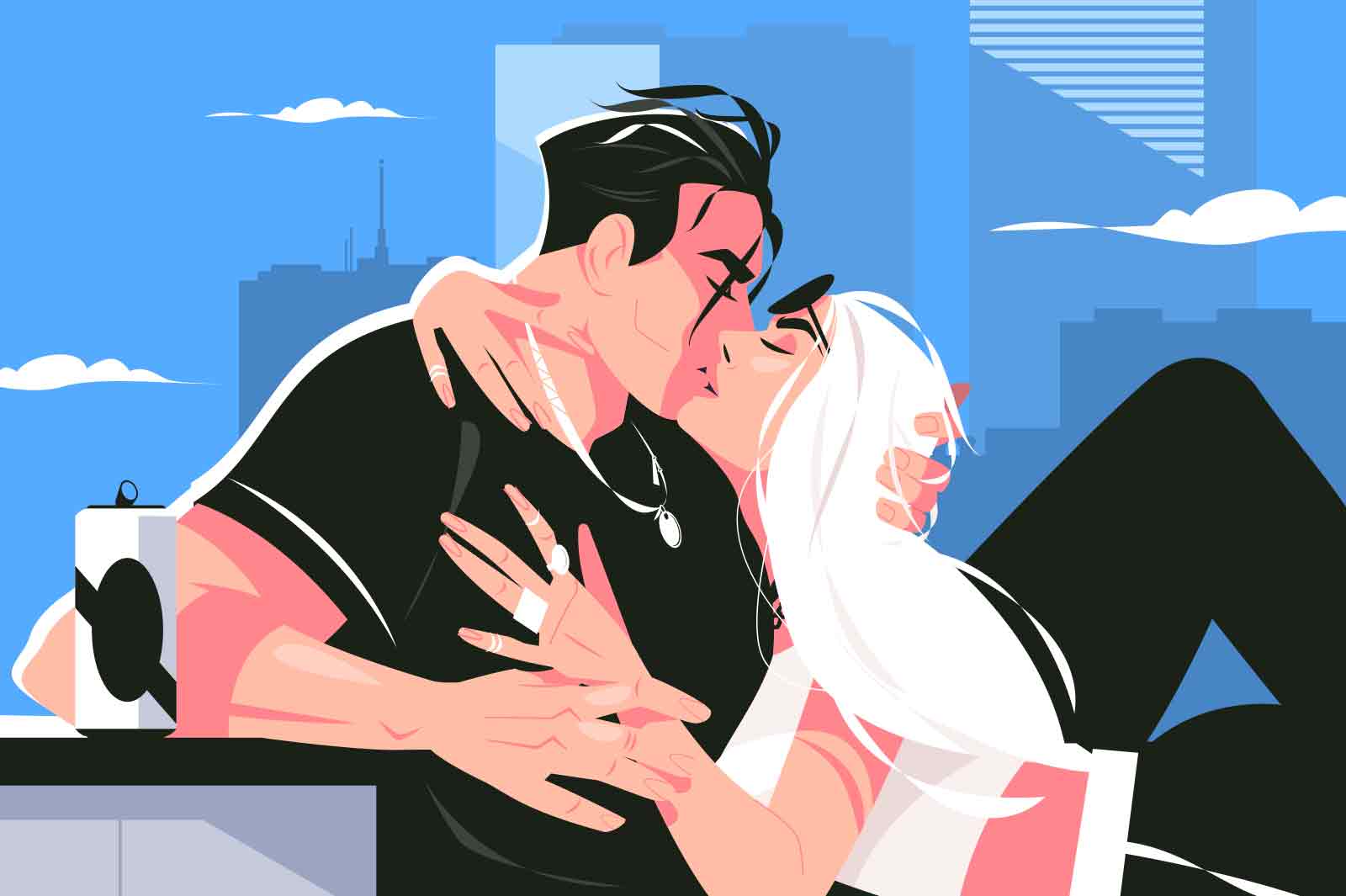 Couple kissing on building roof vector illustration. Guy and girl spend time together on roof flat style. View on urban city from top. Love, passion, relationship, romance concept. Blue background