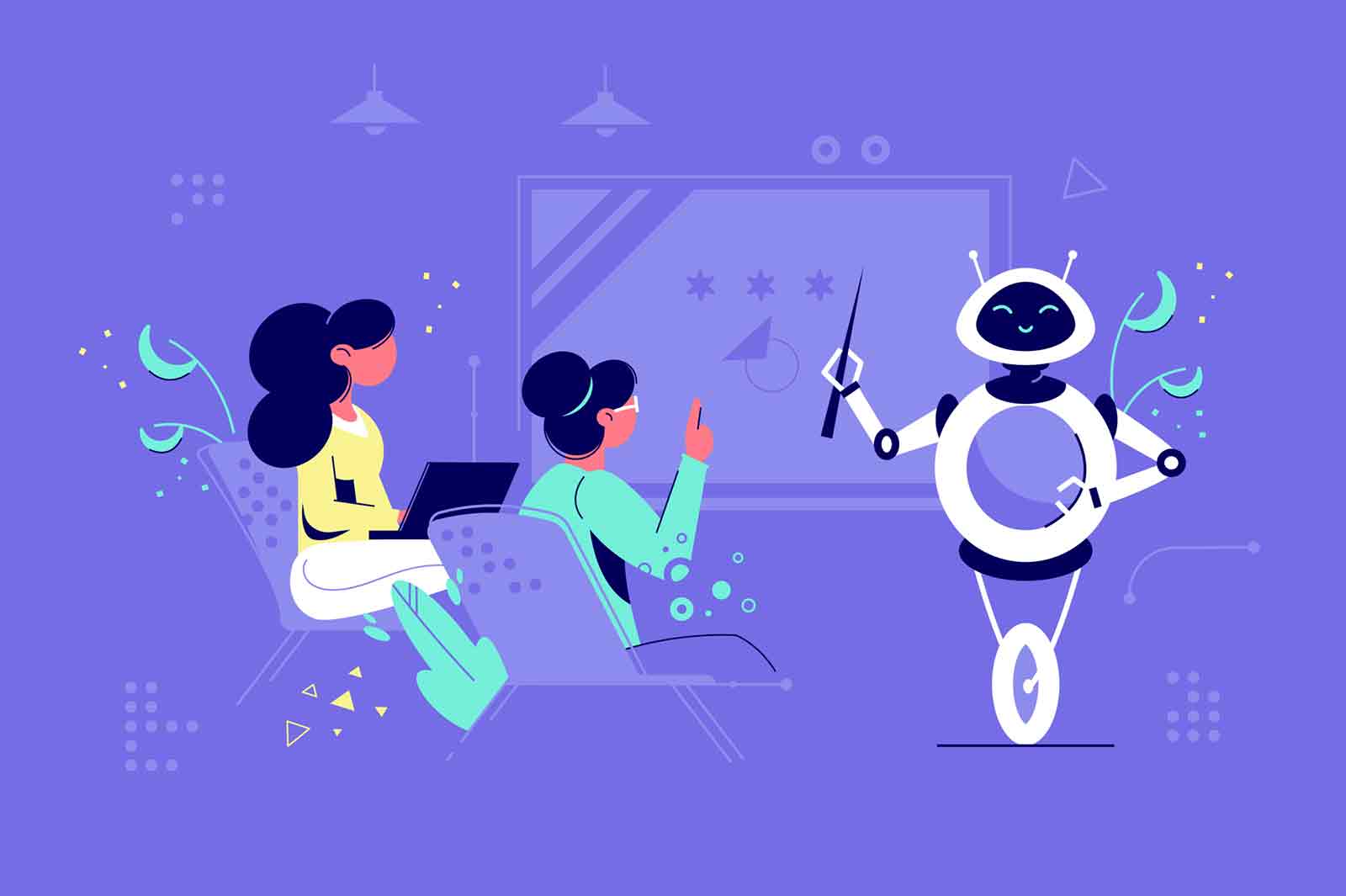White robot explain lecture with pointer vector illustration. Student with laptop flat style. Future technologies and knowledge concept. Isolated on blue background
