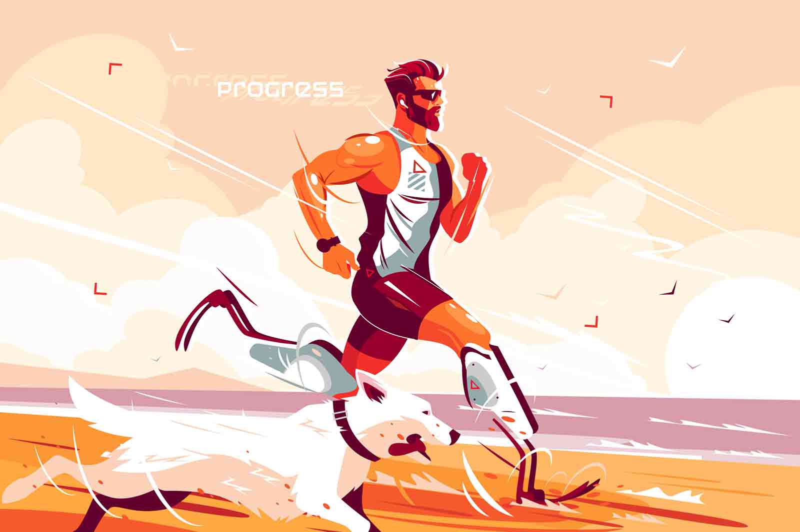 Man with prosthetic legs running on seashore vector illustration. Jogging athlete with prostheses and dog flat style design. People with disabilities and healthy lifestyle concept