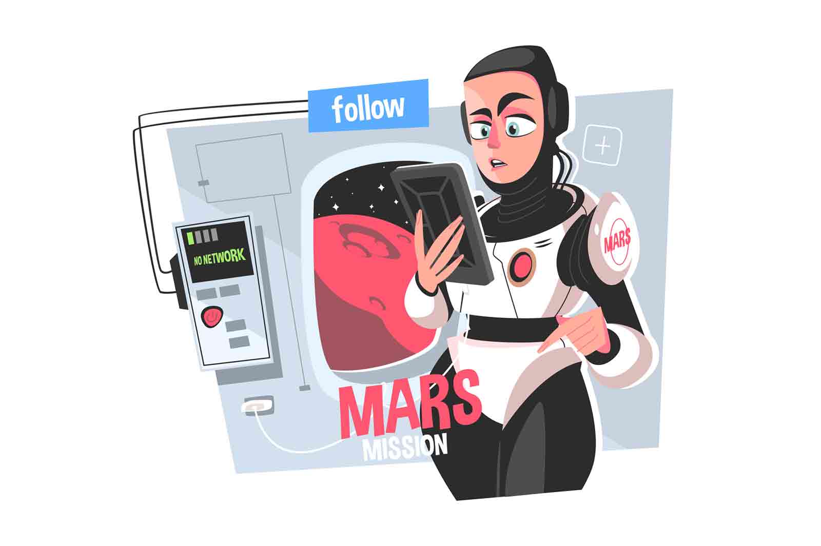 No network connection in space vector illustration. Astronaut girl flying to Mars. Problem of bad connection in cosmos. Woman trying unsuccessfully charging smartphone