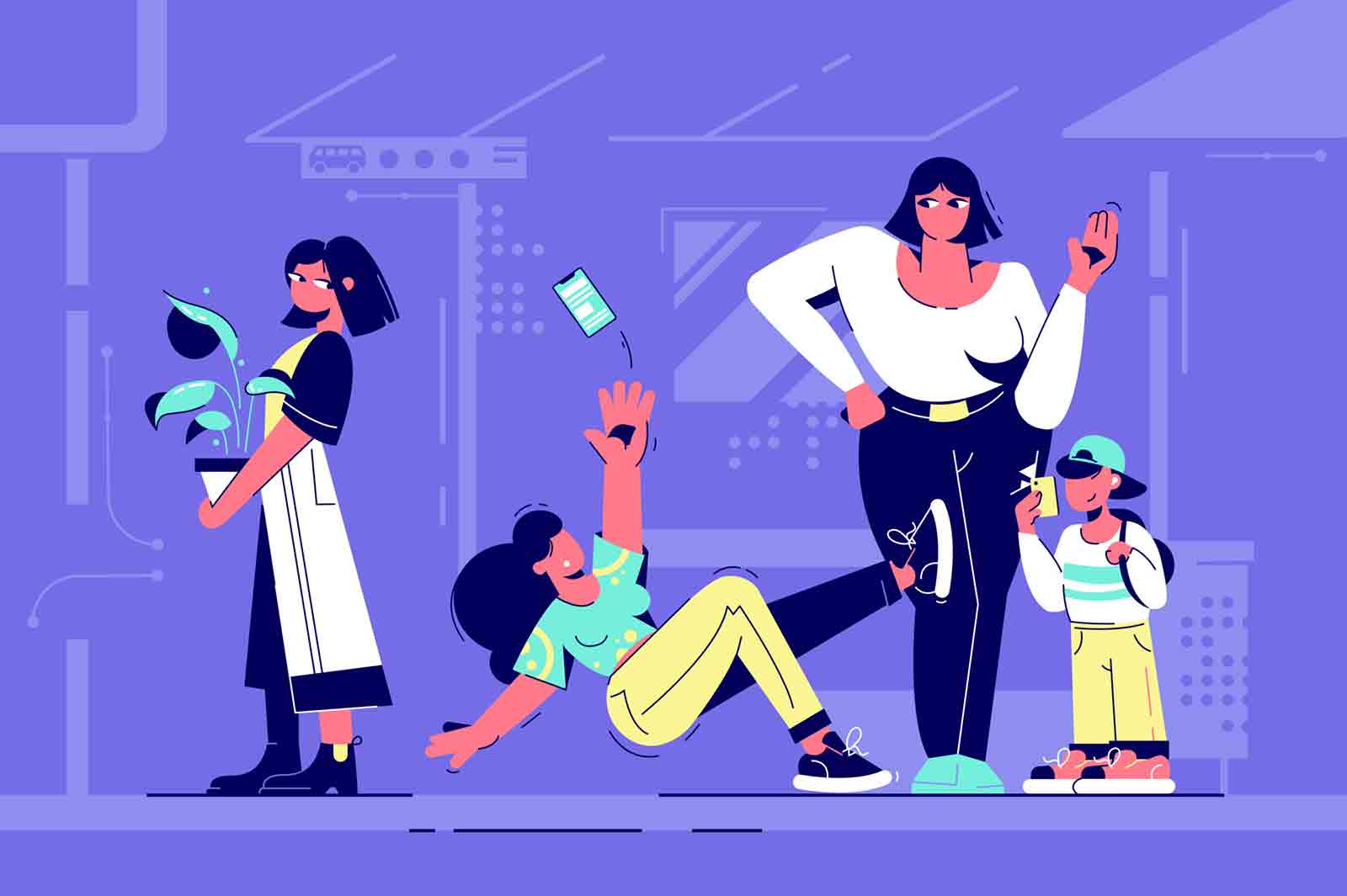 Indifferent people obserbers watching young girl fall and drop smartphone. Abstract concept of woman and boy character looking at human crash and shooting video. Vector illustration.