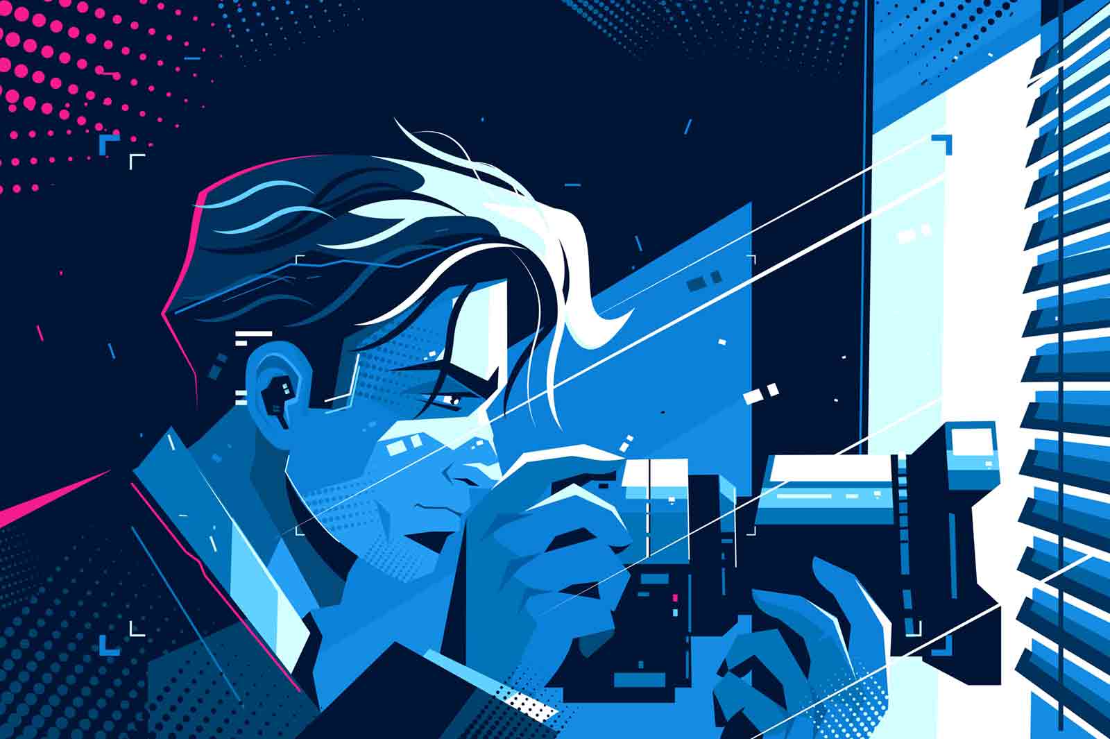 Detective with photo camera vector illustration. Young man spying on someone with digital camcorder indoors of secret apartment flat style design. Keeker at work concept