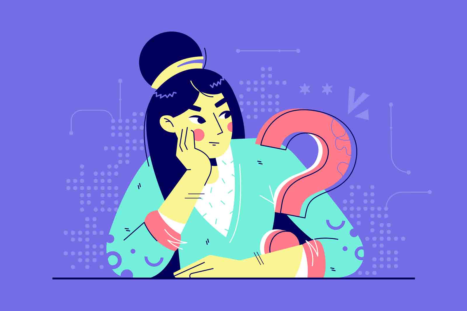 Thoughtful young woman thinking about business near question mark. Concept smiling female character sitting reflects on future on purple background. Vector illustration.