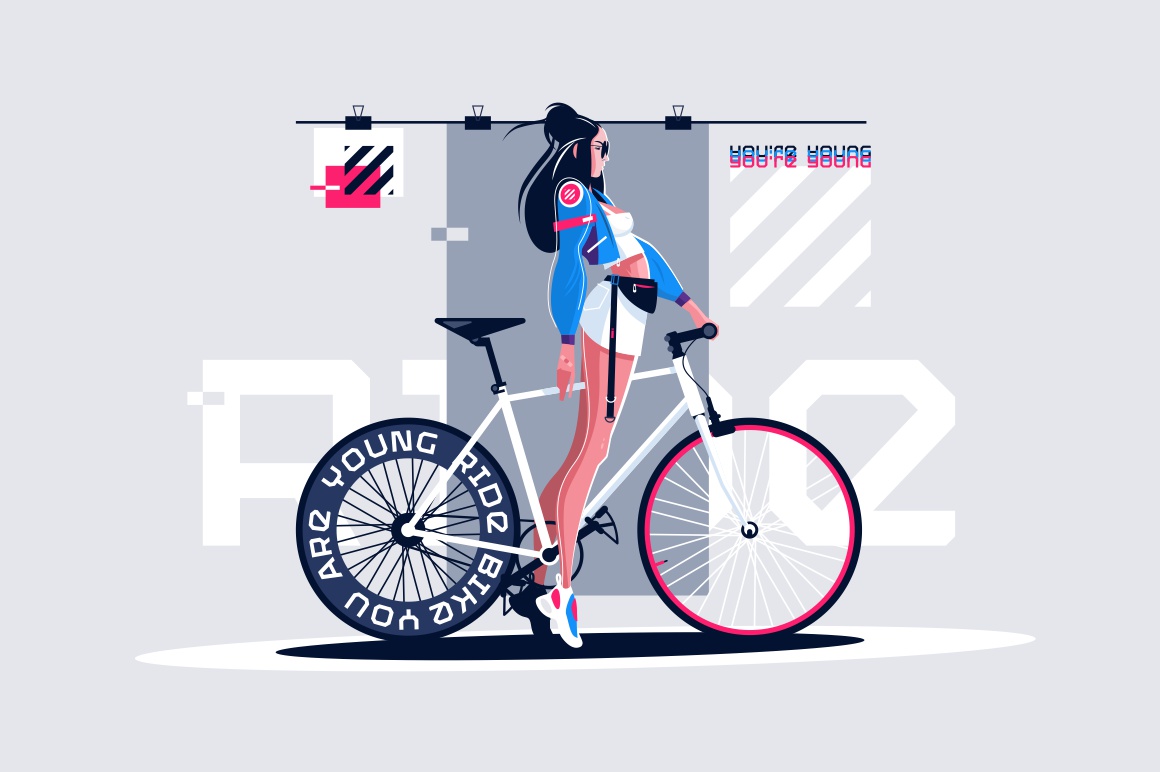 Pretty girl on roadbike vector illustration. Gorgeous woman standing on road with professional bicycle in trendy outfit and black sunglasses. Inscription on wheel flat style concept