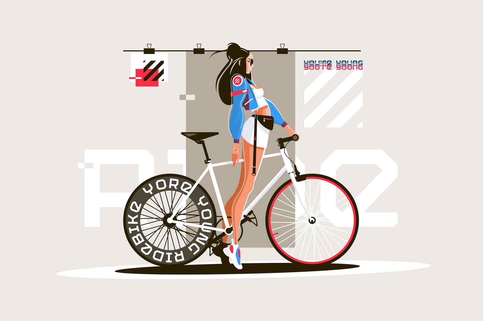 Pretty girl on roadbike vector illustration. Gorgeous woman standing on road with professional bicycle in trendy outfit and black sunglasses. Inscription on wheel flat style concept