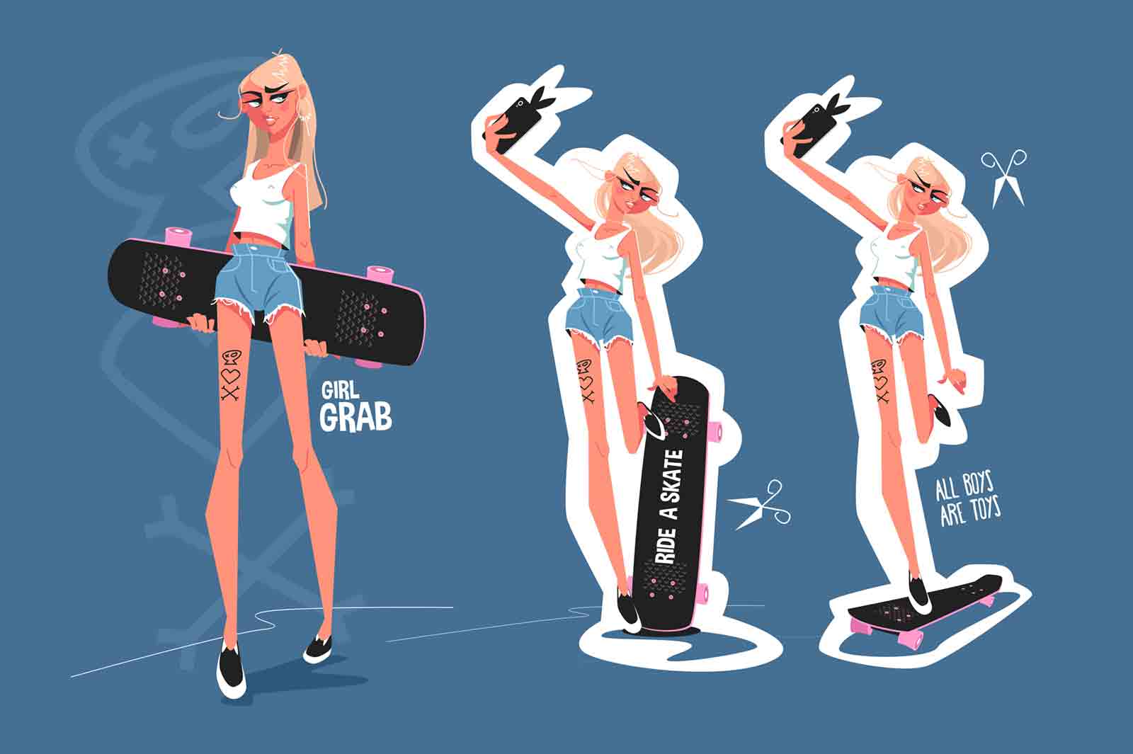 Cute skater girl vector illustration. Pretty young woman in different poses. Female holding skateboard and making selfie flat style concept. Blonde grab
