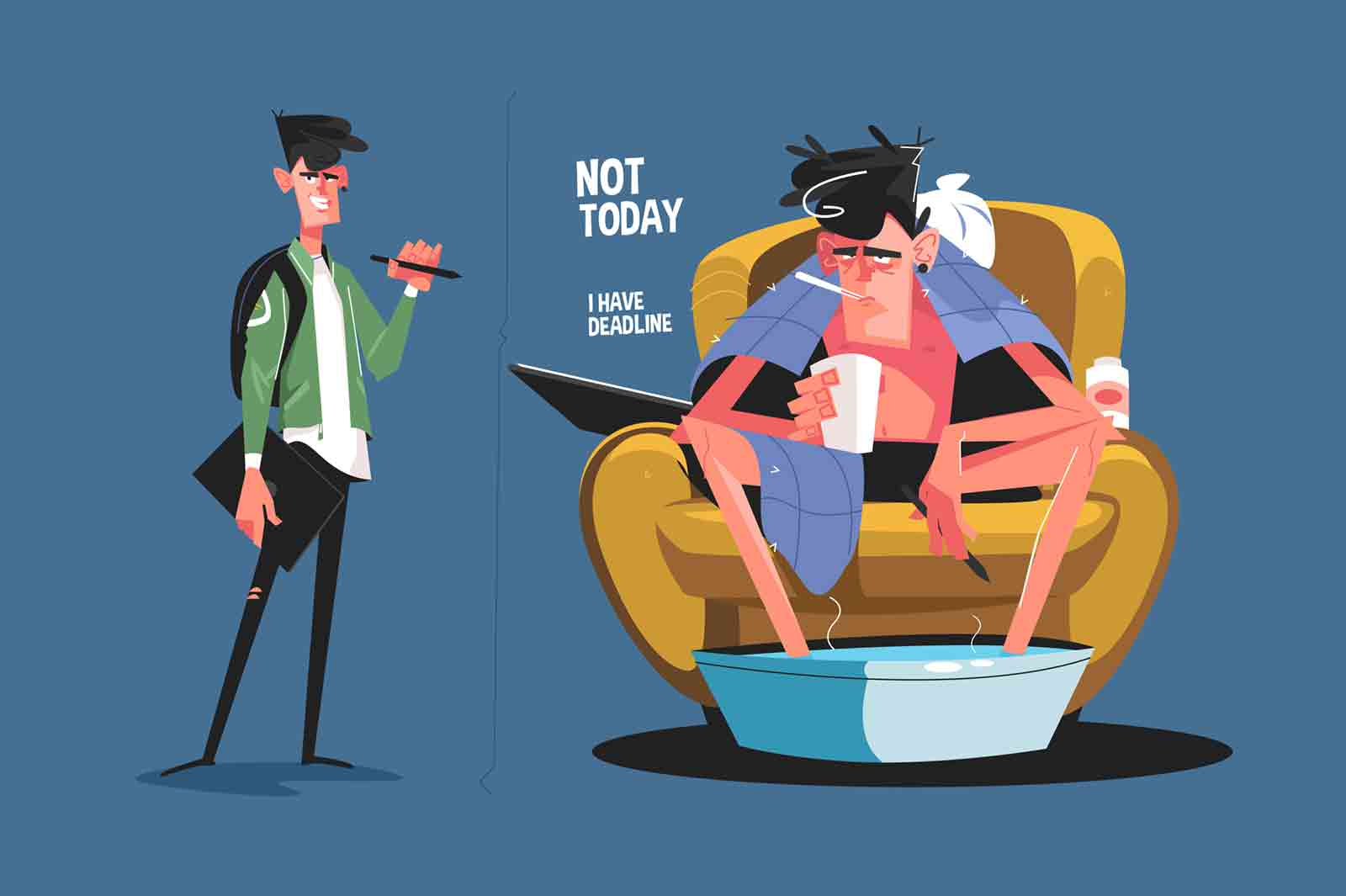 Graphic designer catch cold vector illustration. Guy soaring feet, drinking hot tea and holding thermometer in mouth flat style concept. Not today I have deadline concept