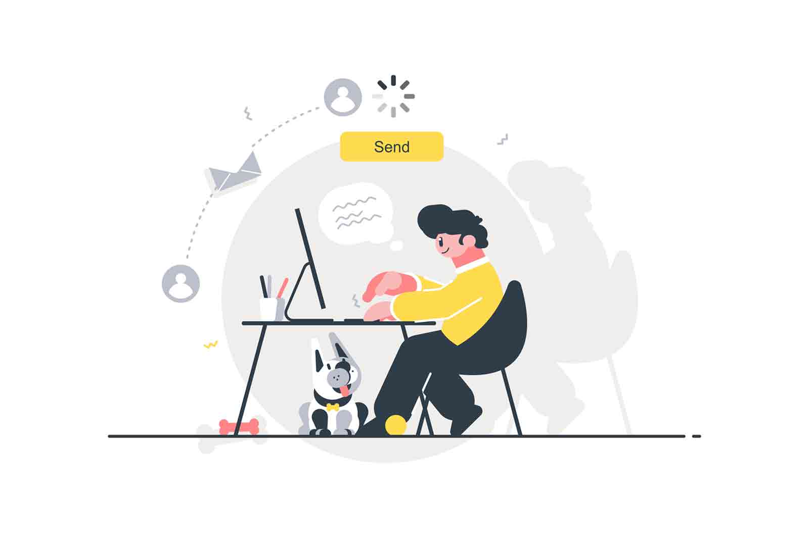 Man writing letter vector illustration. Guy sitting at desk, typing message on computer and sending it to addressee via e-mail internet application flat style design. Online communication concept
