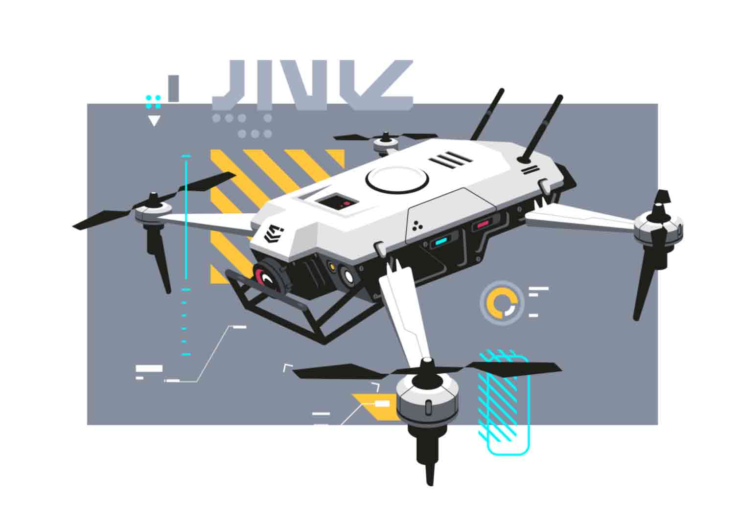 Vector illustrations related to flying drones. Remote control, FPV, drone control. Vector source files. High tech flying technologies.
