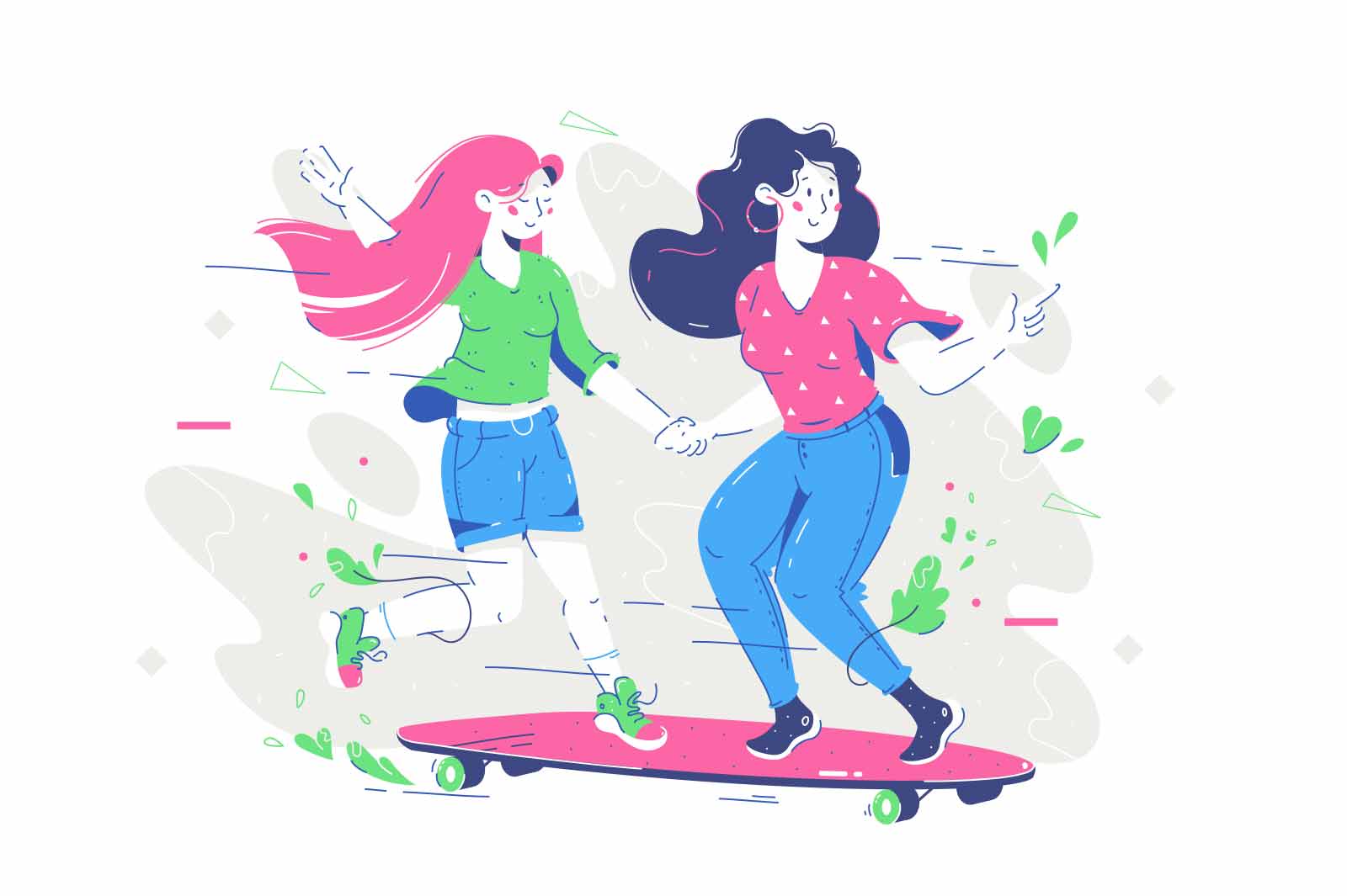 Friends riding skateboard and joy together in casual wear in the park. Happy smiling woman and girl character relaxing, good relationship concept. Vector illustration.