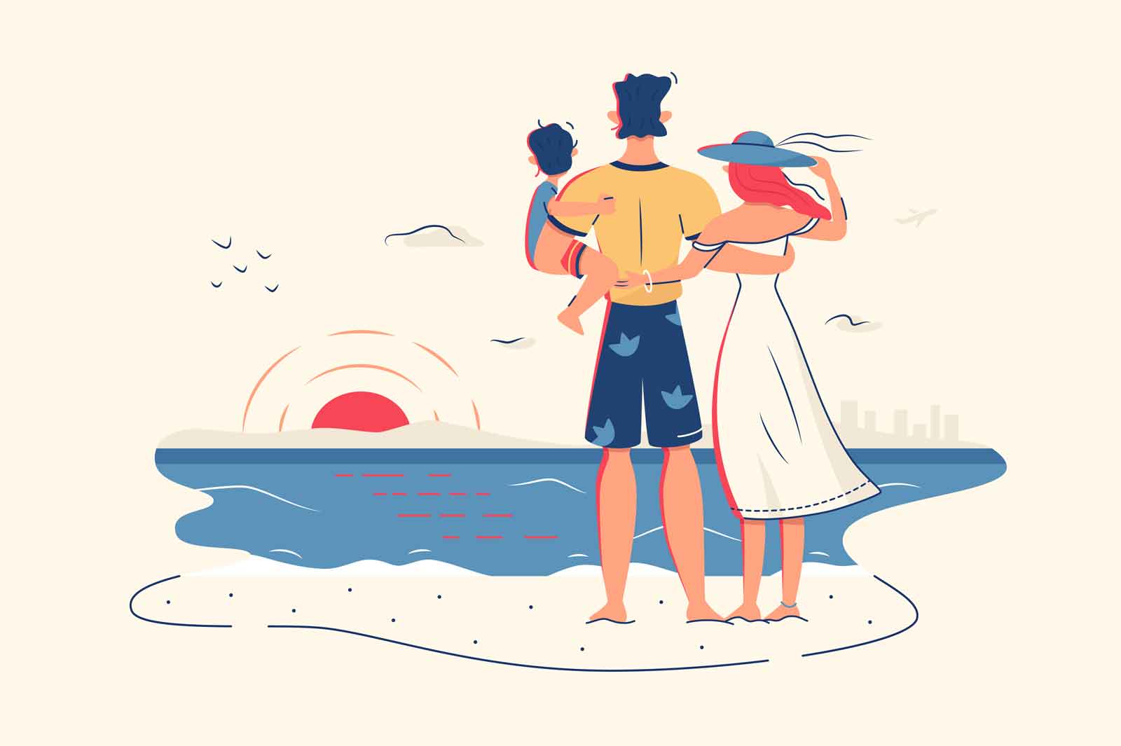 Family enjoy ocean view on beach vector illustration. Happy family with kid on vacation look on sunset flat style. Summer, travel and leisure on sea beach concept. Isolated on beige background