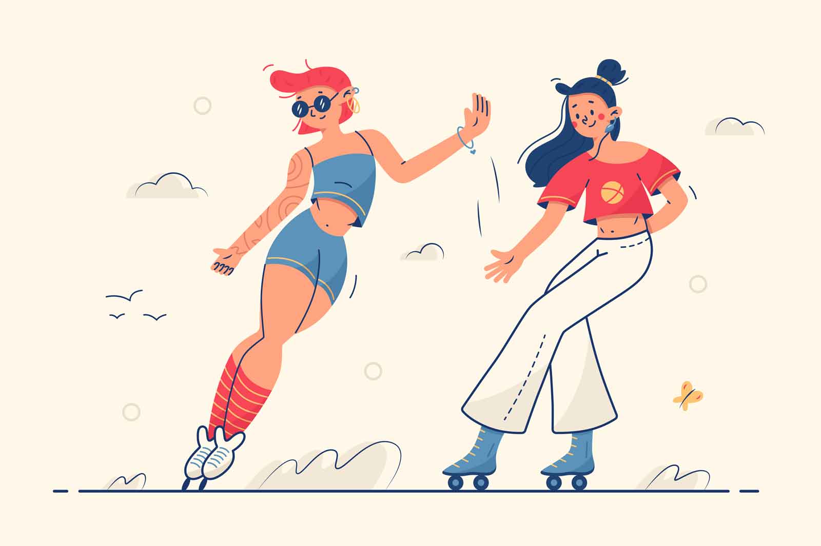Cute girls roller skaters outdoors vector illustration. Retro dressed women having fun on city streets flat style. Active sport, leisure and hobby concept. Isolated on beige background