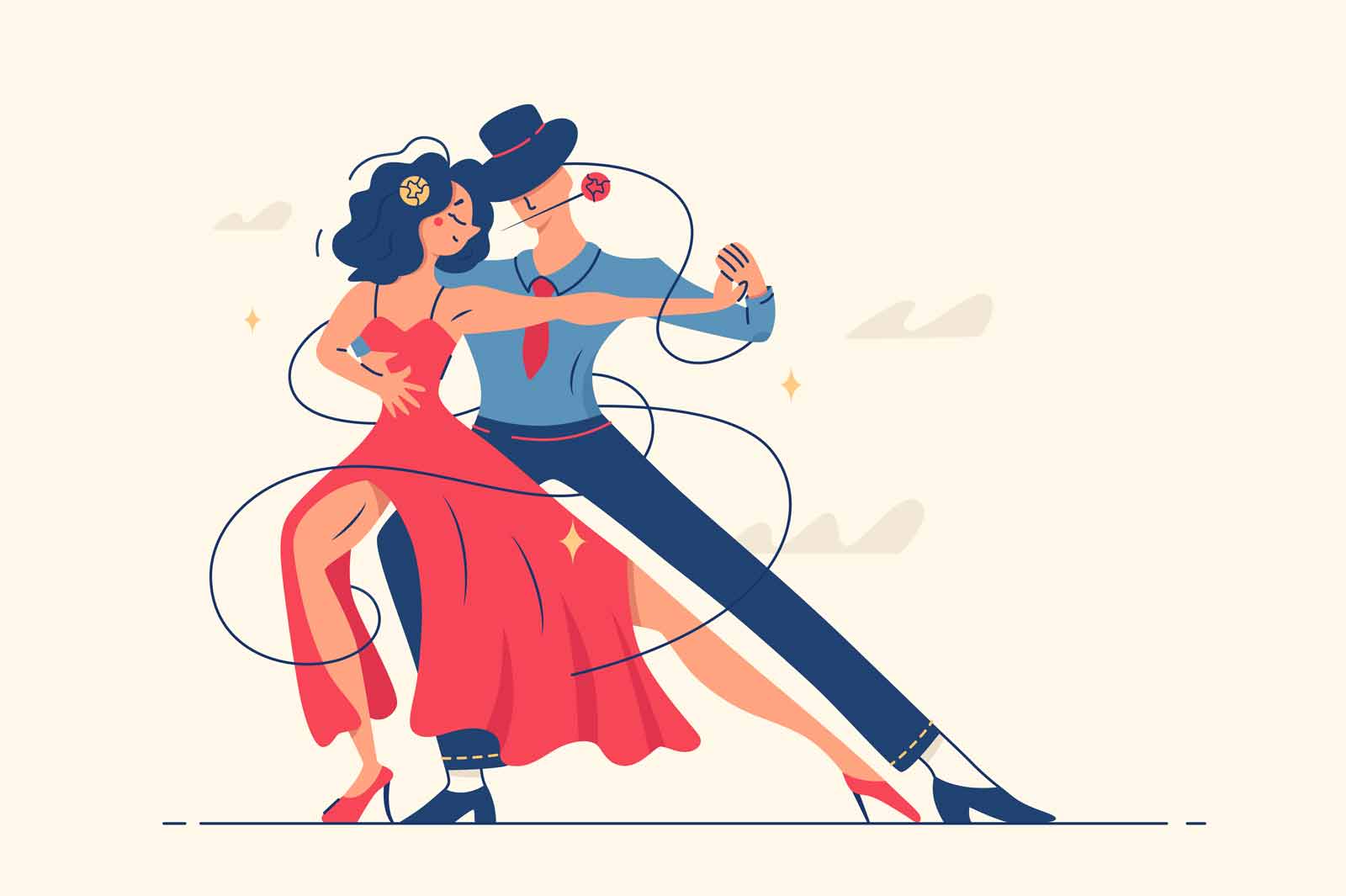 Man and woman dancing tango vector illustration. Female in red dress and man in suit with rose in teeth flat style. Dance class, art, leisure, tango concept. Isolated on beige background