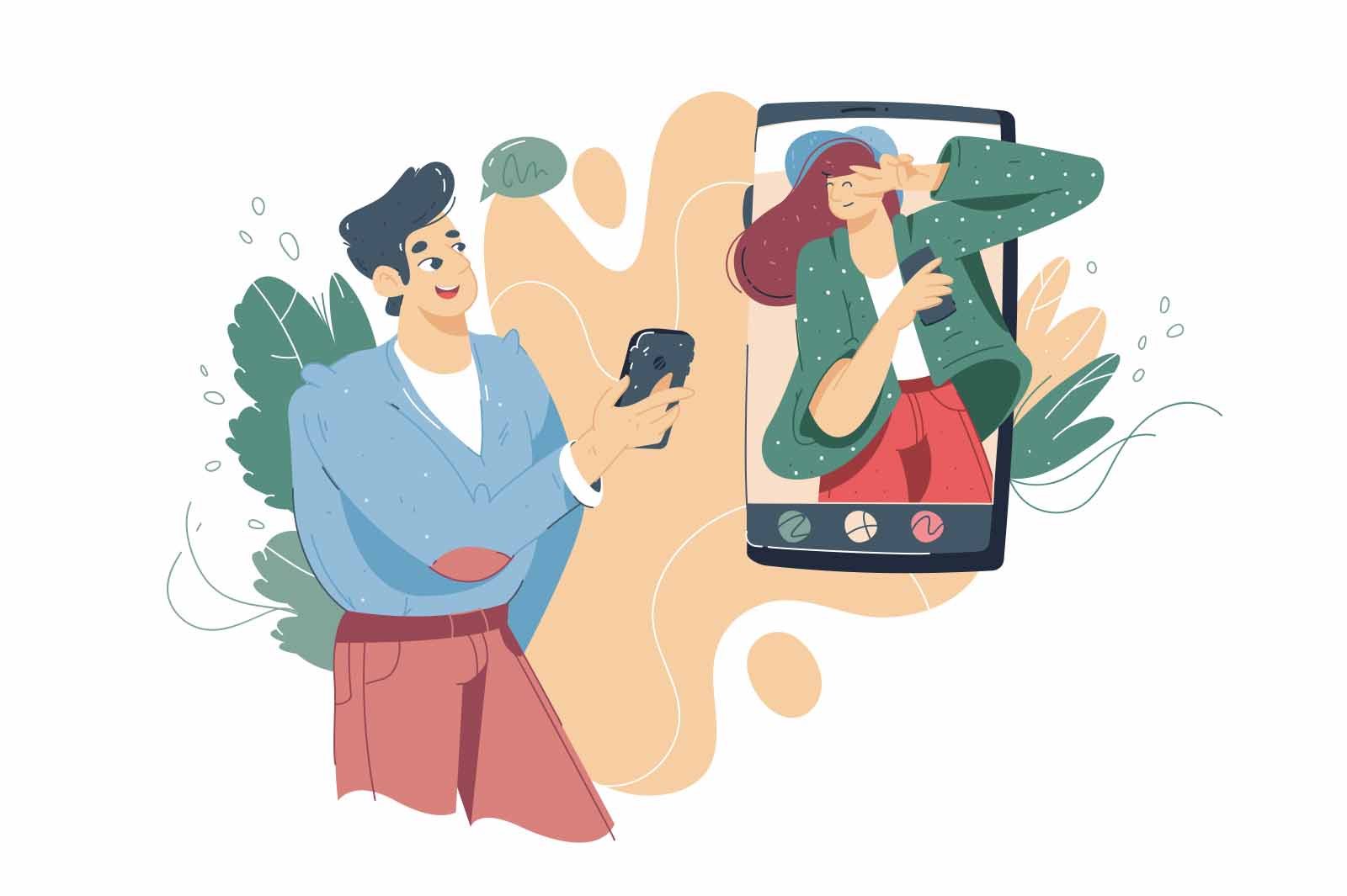 Online communication using social network vector illustration. Man and woman communicating via internet app on smartphone flat style concept. Social network idea