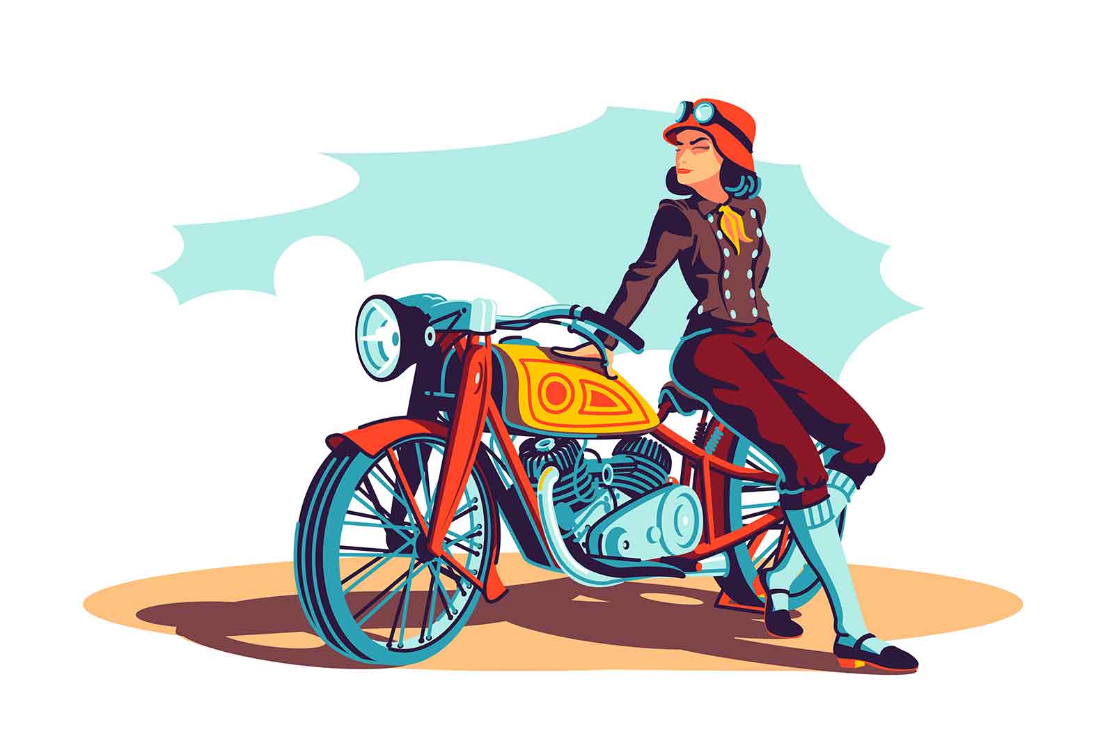 Biker woman on motorbike vector illustration. Biker on motorcycle flat style concept. Girl sitting on chopper. Extreme hobby idea