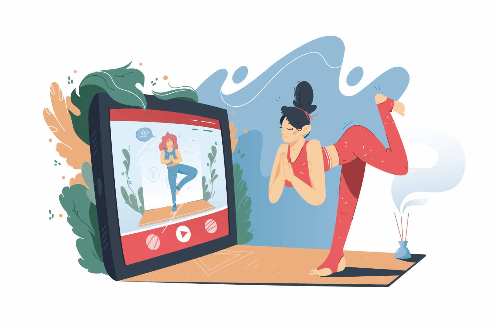 Young woman doing sports activities at home vector illustration. Female doing fitness online lesson. Sport training, workout and healthy lifestyle