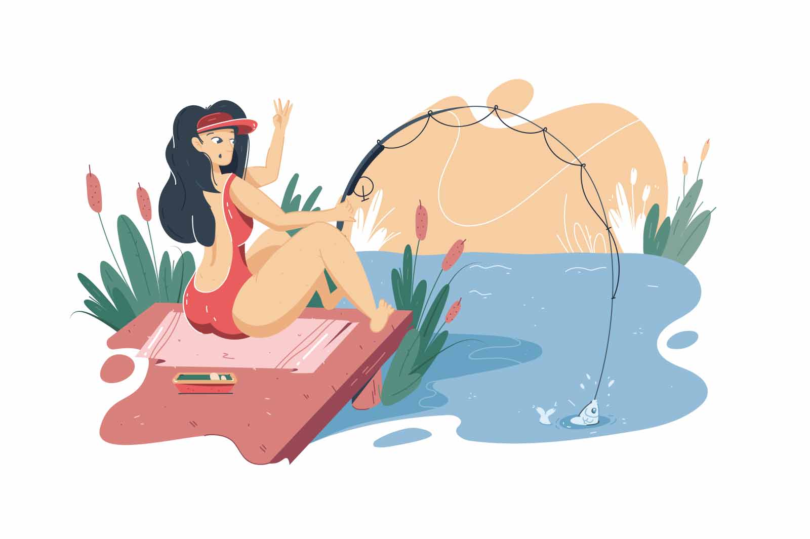 Cute woman fishing on river bank vector illustration. Female in swimsuit catching fish flat style concept. Hobby and lifestyle idea