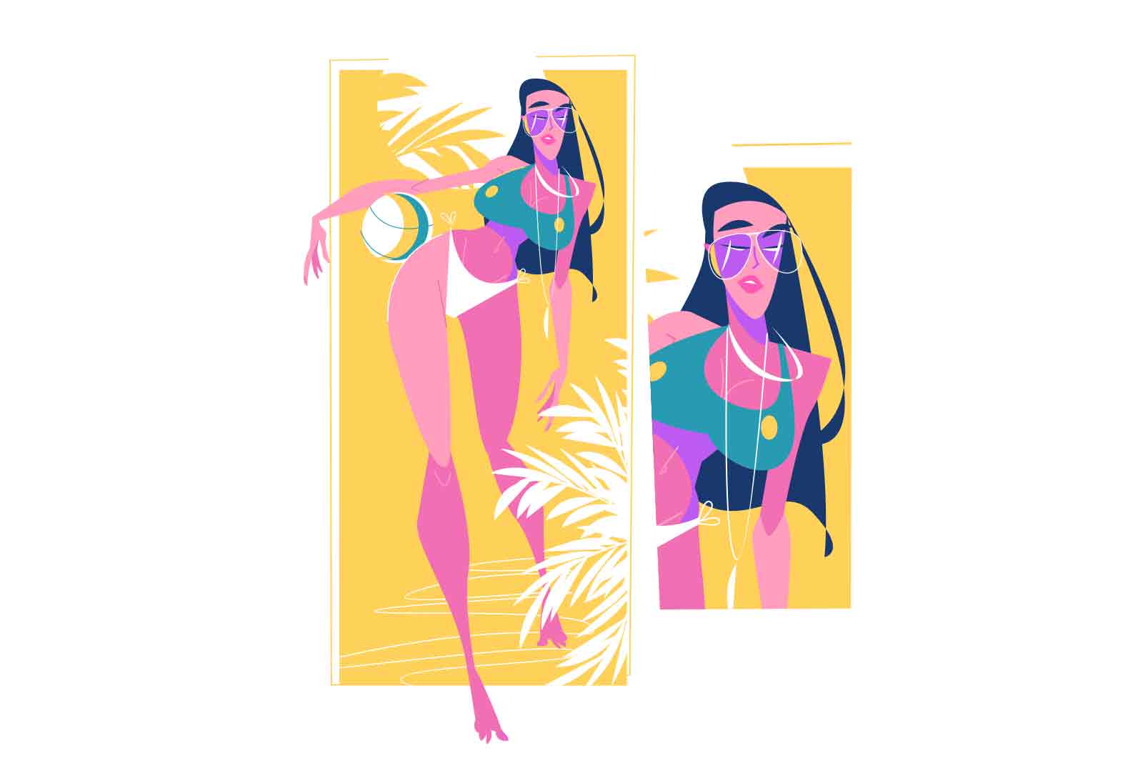 Fit young girl on beach vector illustration. Woman in swimsuit with ball flat style. Summertime, vacation, beach volleyball game concept