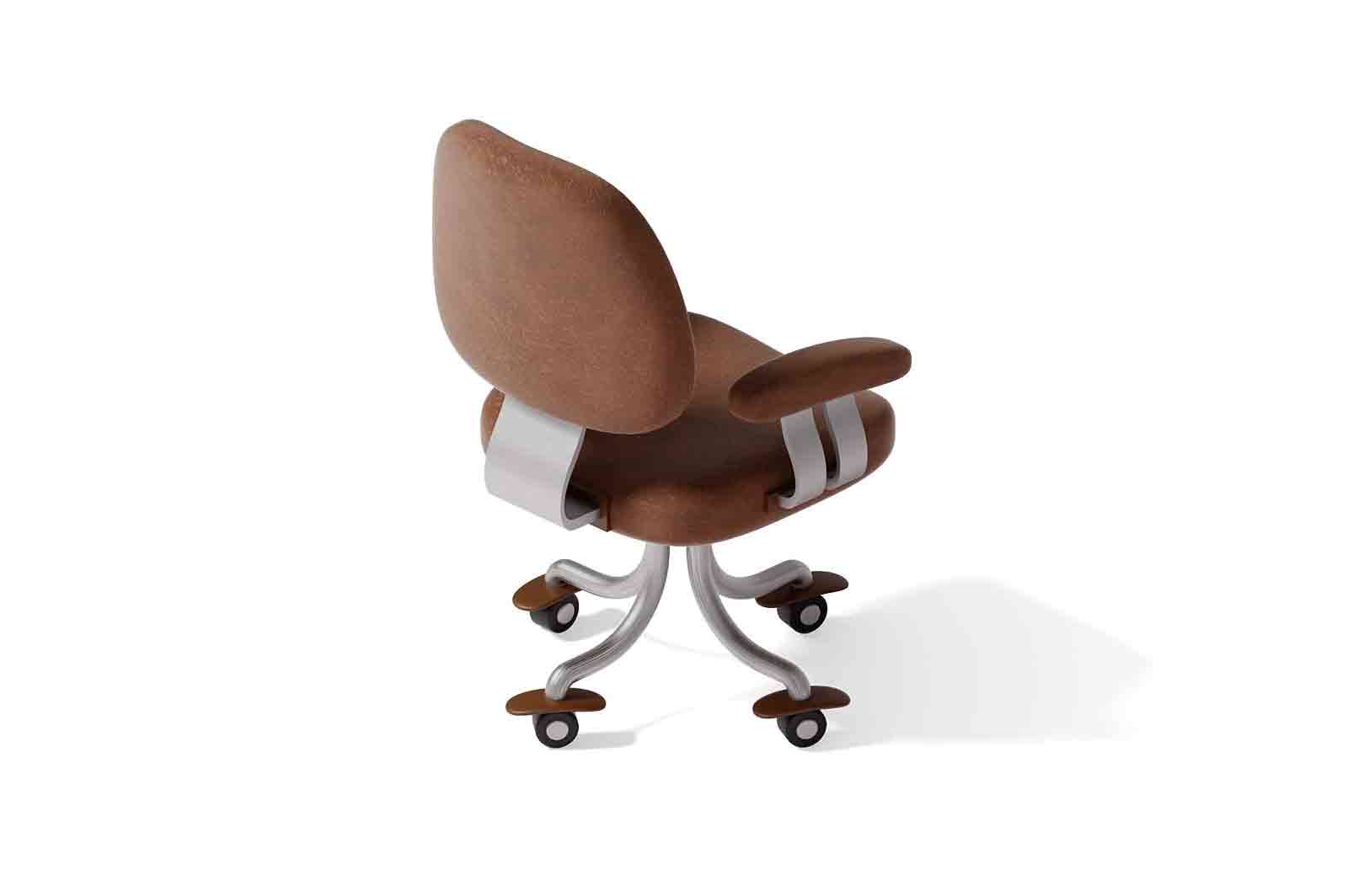 Modern brown office chair 3d rendered illustration. Isometric armchair model with metal base on wheels. Office furniture concept