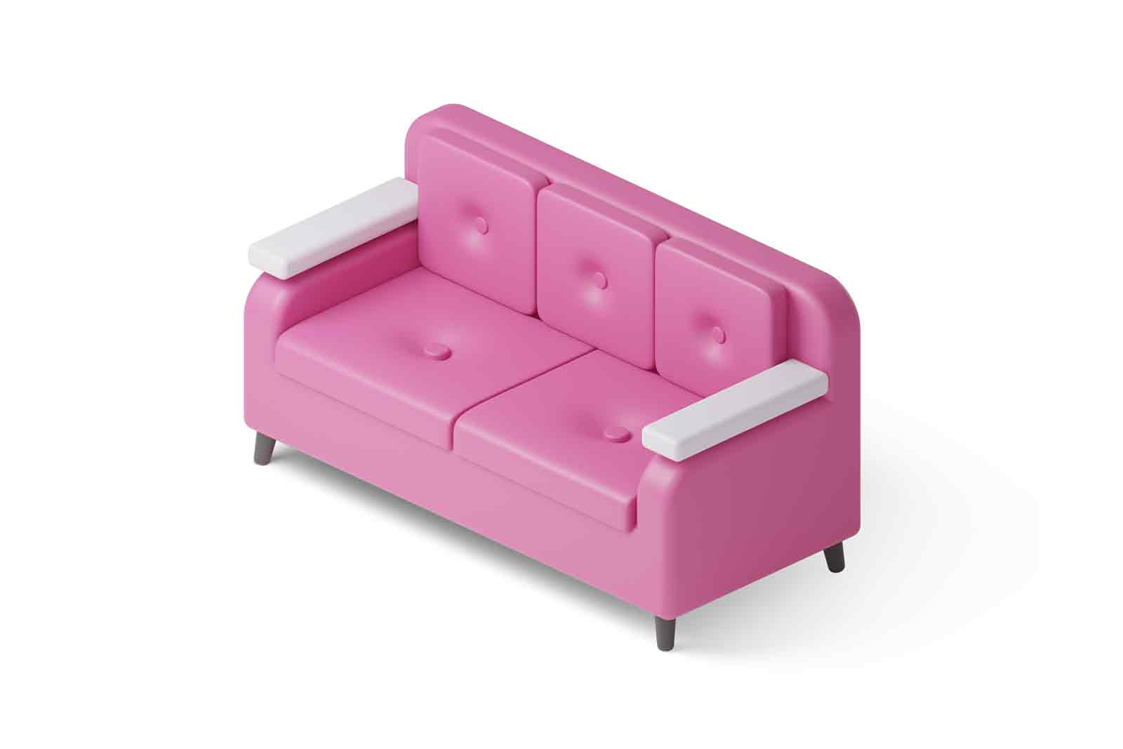 Modern pink leather sofa 3d illustration. Couch with pillows in simple modern style for interior design, living room, reception or lounge