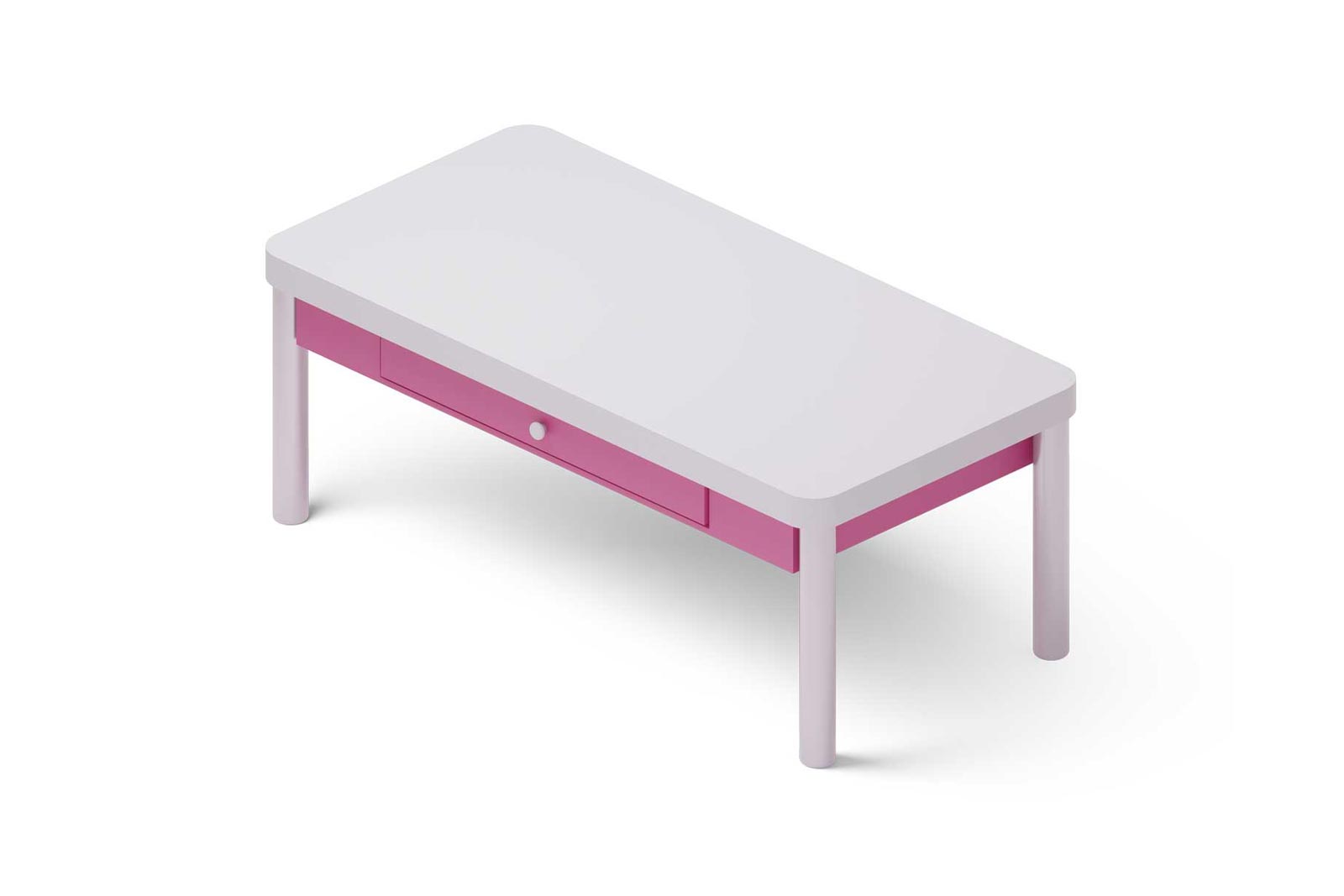 White coffee table with pink drawer 3d illustration. Low stylish table in simple modern style for interior design, living room, reception or lounge