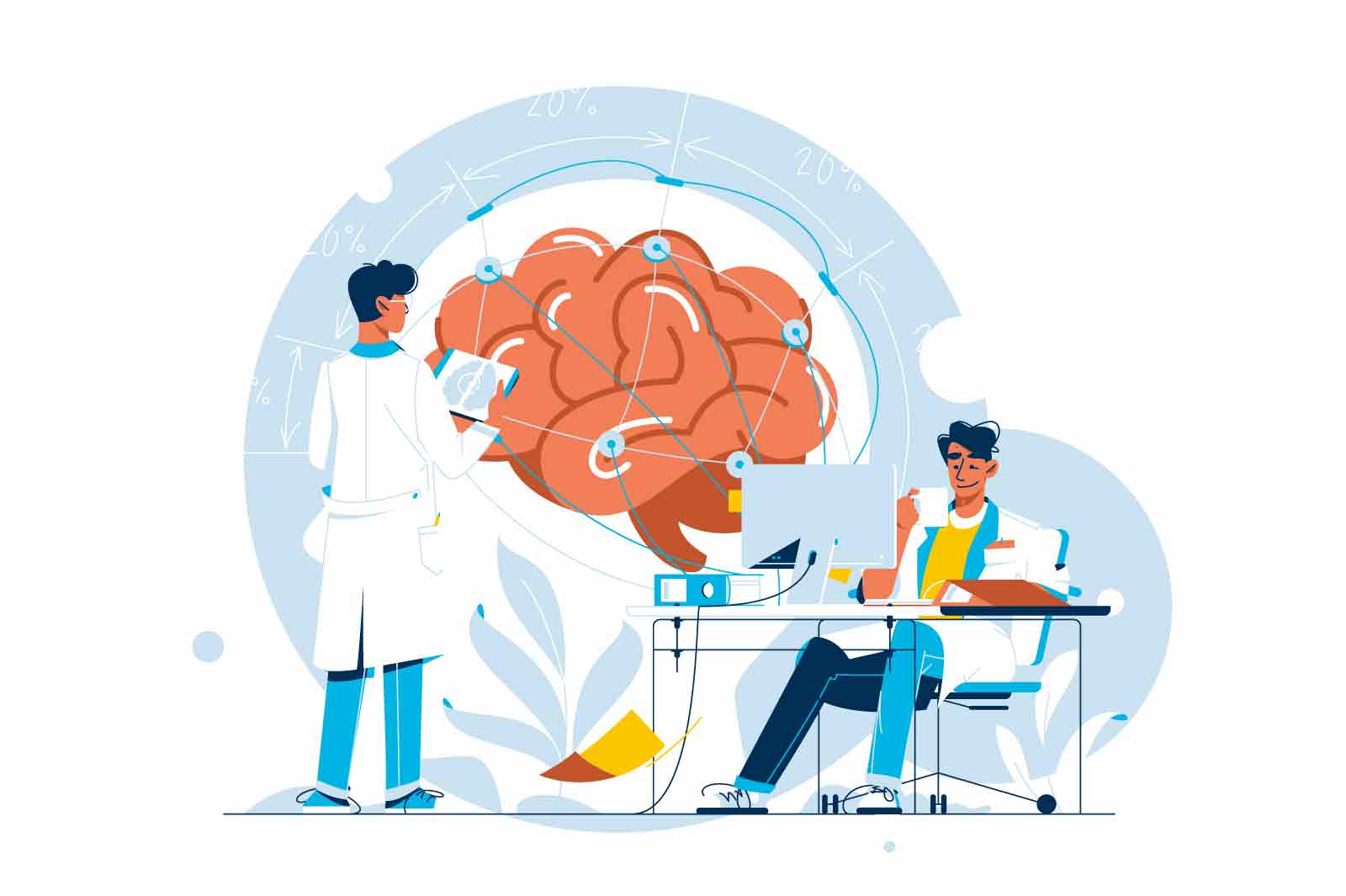 Laboratory scientist study human brain vector illustration. Brain scan in MRI machine flat style. Tomography diagnostic, healthcare concept