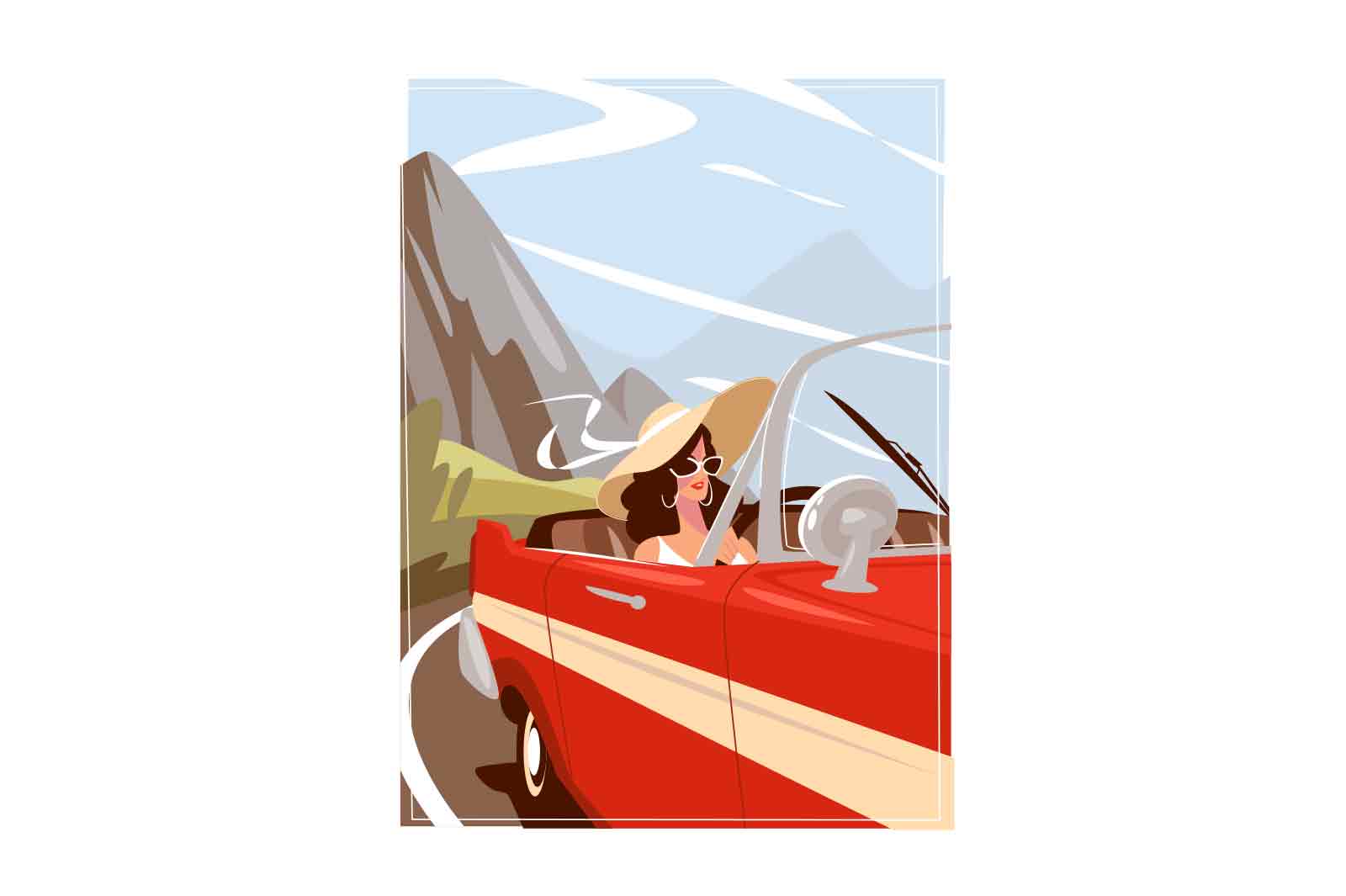 Young woman posing in convertible car vector illustration. Ride in car on serpentine in mountains flat style. Vacation, leisure concept
