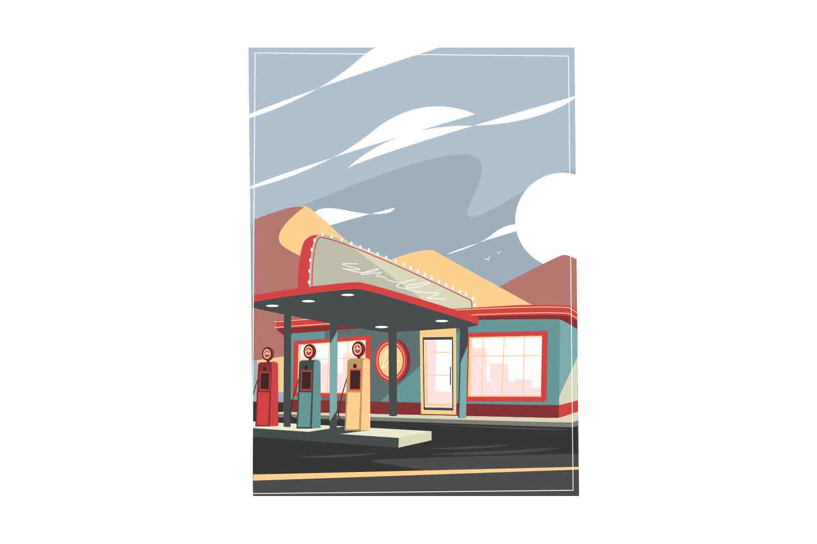 Gas station for refueling car vector illustration. Fuel selling for urban vehicle, gas refill flat style. Automobile filling station concept
