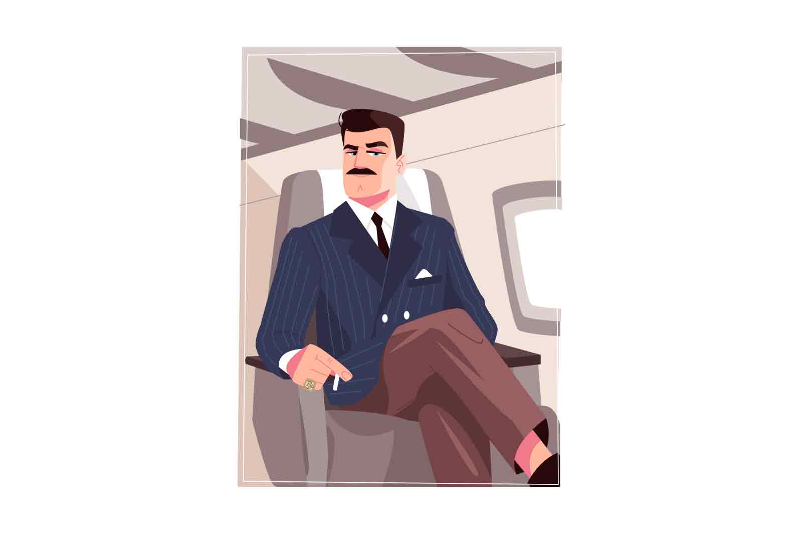 Business man on private airplane seat vector illustration. Luxury man in suit smoking cigarette flat style. Travel, fly on holiday concept