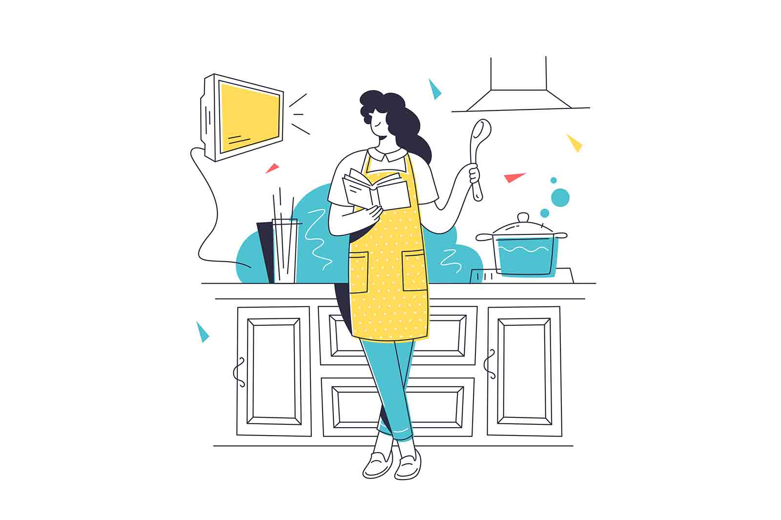 Woman cooking meal on kitchen. Vector female character follow recipe in cookbook line art style. Culinary, food, chef, hobby concept