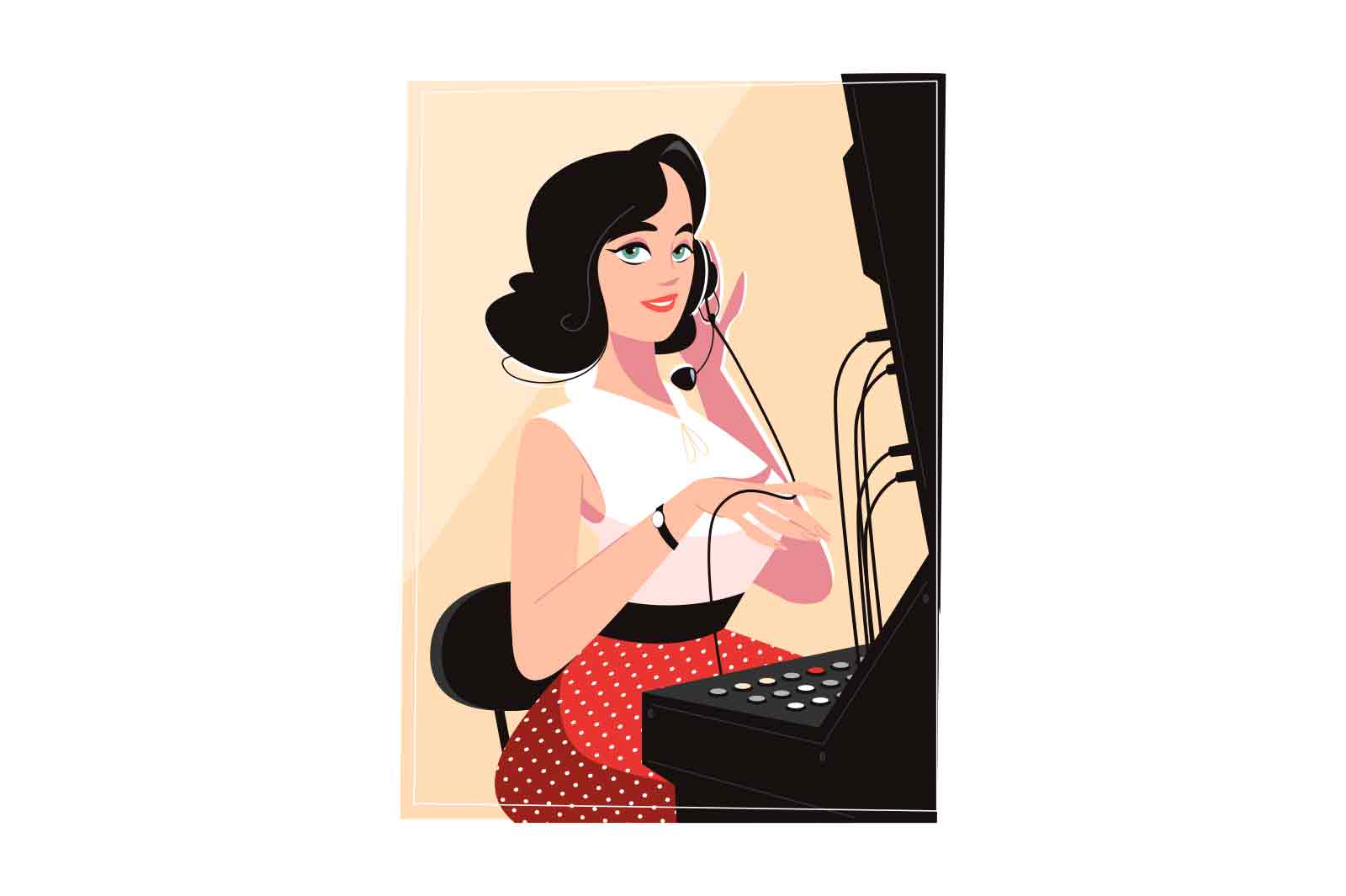 Telephone operator helps to connect customers vector illustration. Telephone operator, support service concept