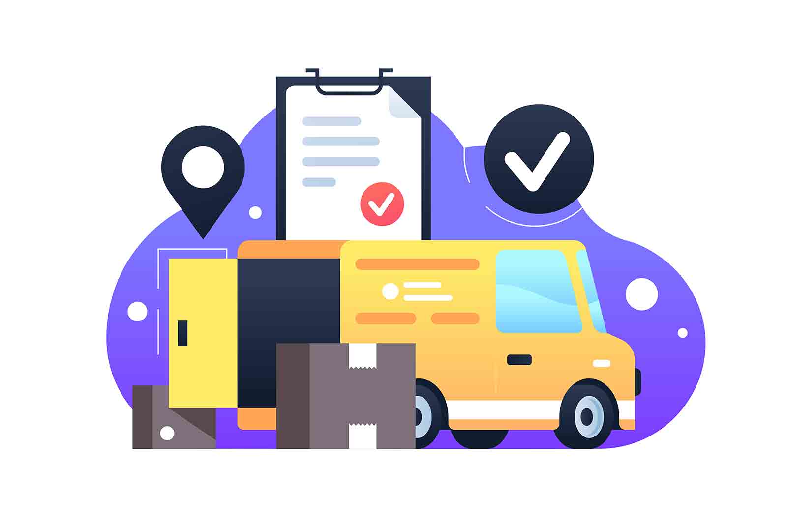 Car delivery with moving boxes and document tablet. Concept urban vehicle service, truck shipment using digital map pointing. Vector illustration.