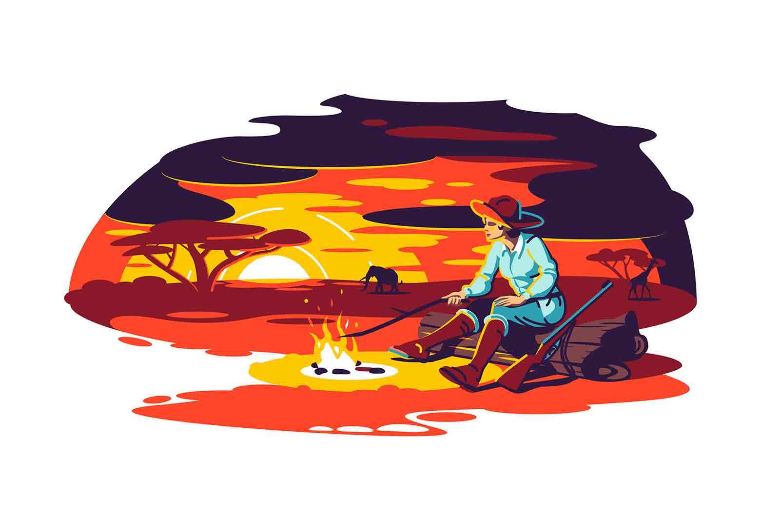 Character sit near fire in savanna vector illustration. Landscape with silhouettes of trees, orange sun flat style. Wildlife, nature concept
